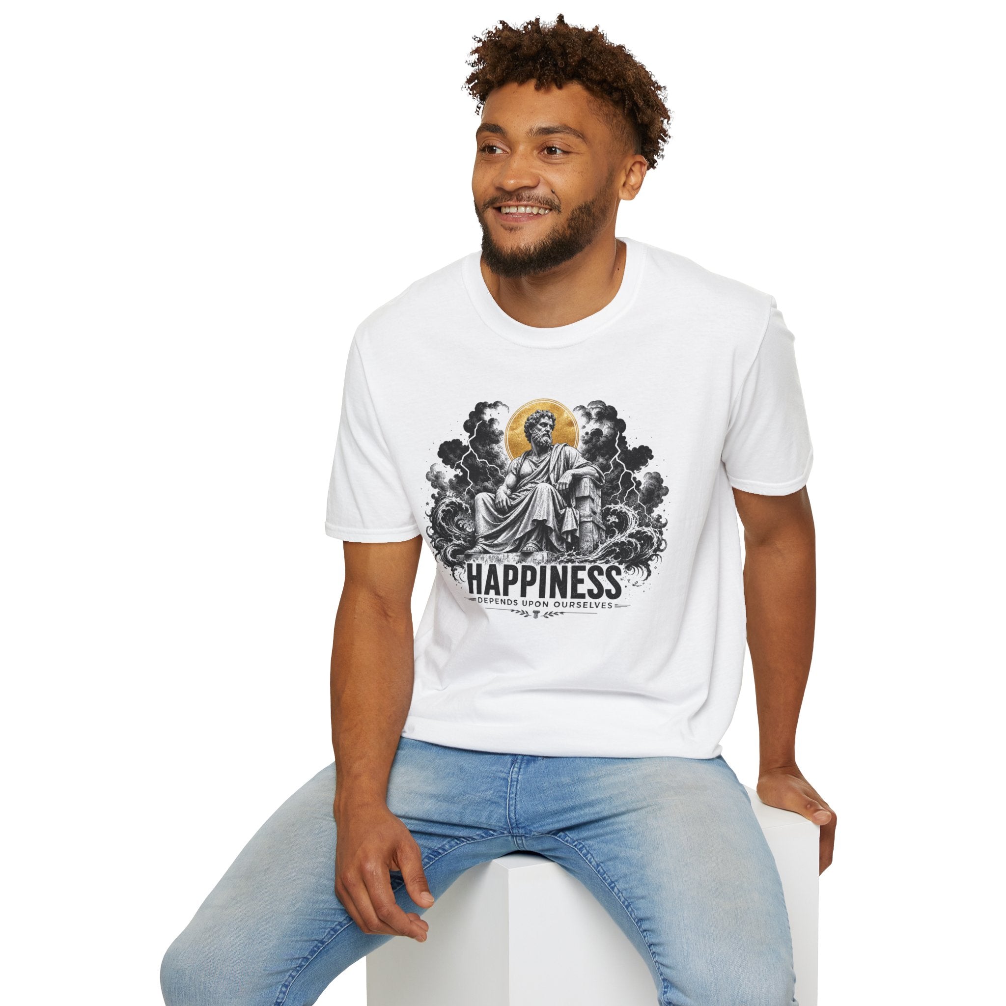 T-Shirt — 'HAPPINESS' Vintage Saint Illustration Tee (Gold Halo)