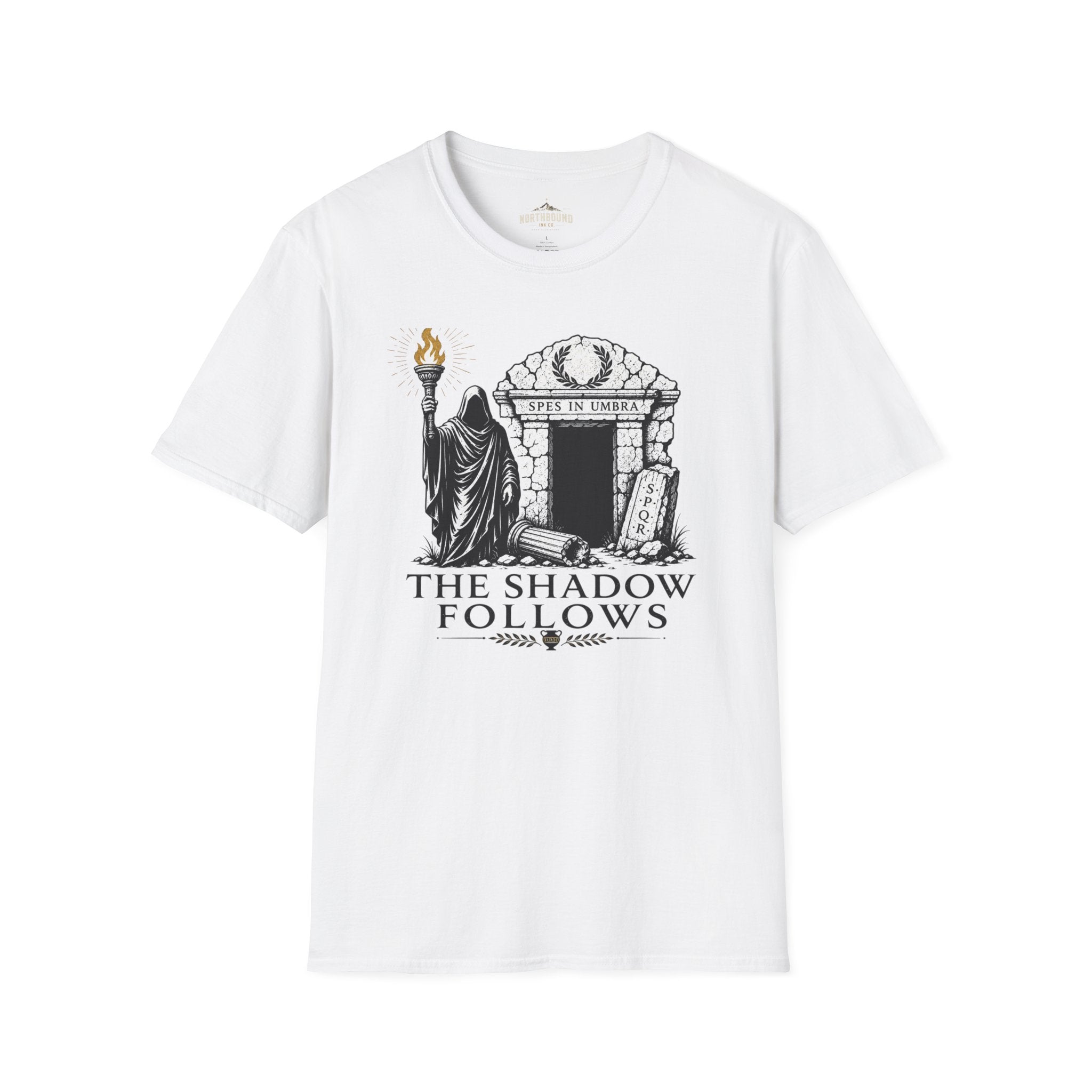 Gothic 'The Shadow Follows' T-Shirt — Cloaked Figure & Tombstone Design
