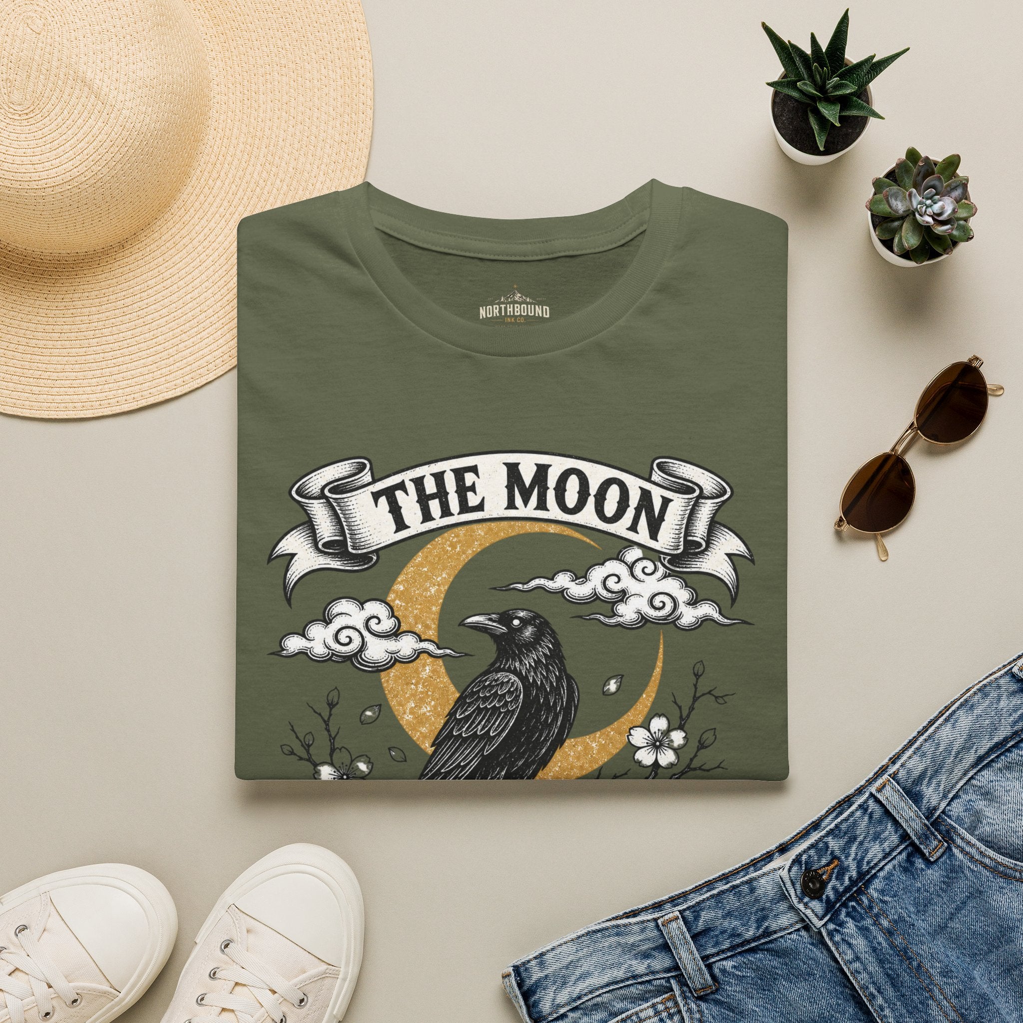 Moon & Raven T-Shirt — "The Moon Does Not Fight The Moon" Gothic Celestial Tee