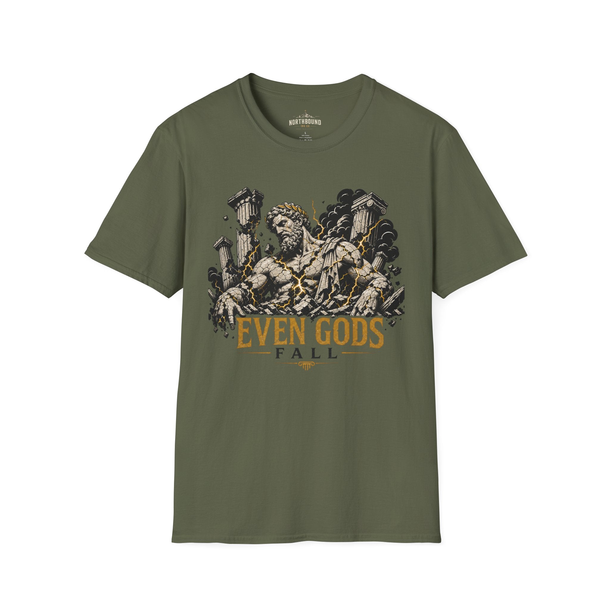Graphic Tee — "Even Gods Fall" Statue Collapse T-Shirt