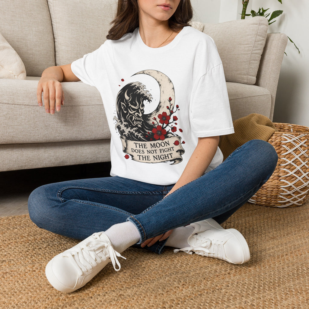 Moon & Wave Graphic T-Shirt — "The Moon Does Not Fight The Night"