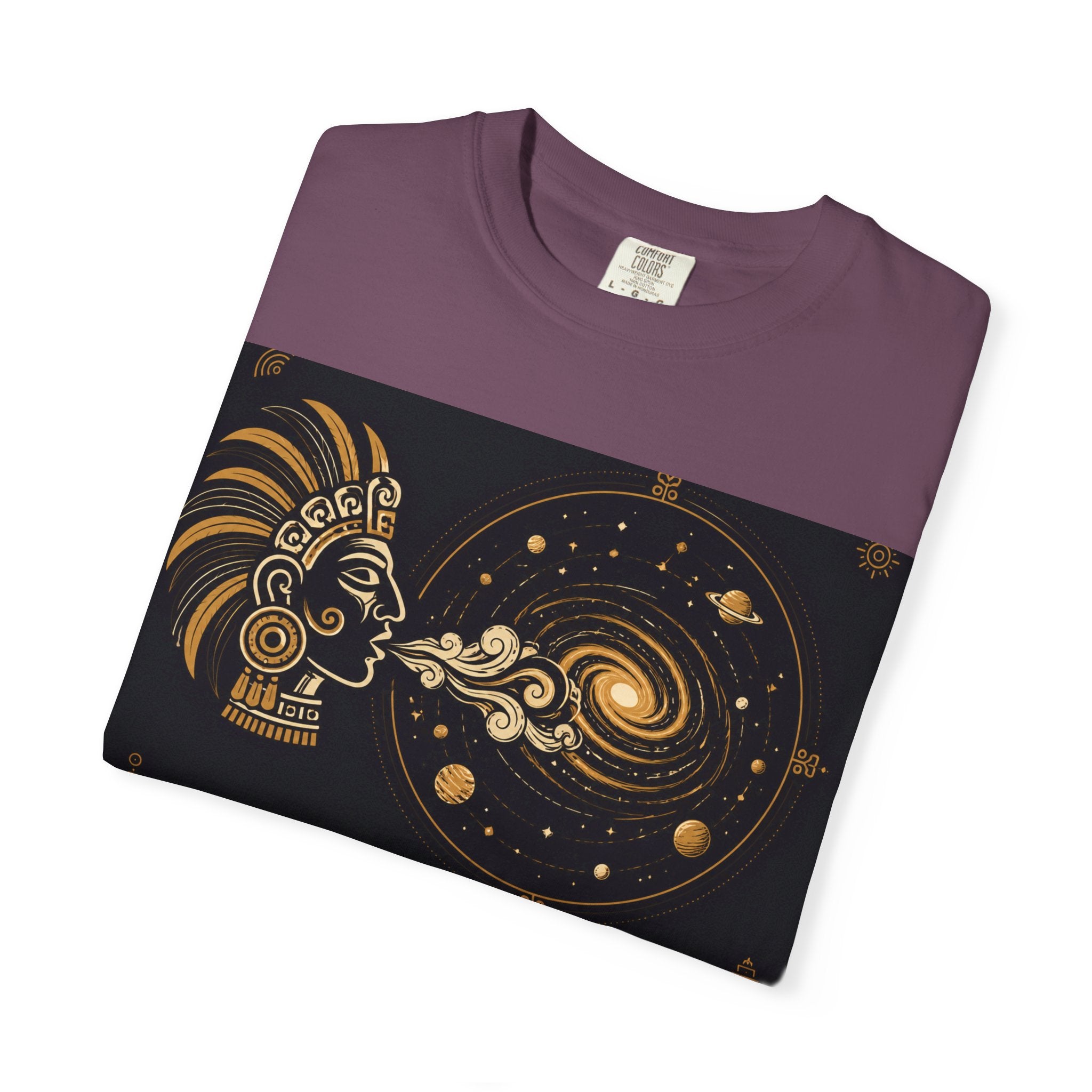 Cosmic Aztec Breath T-Shirt — Golden Galaxy Illustration
