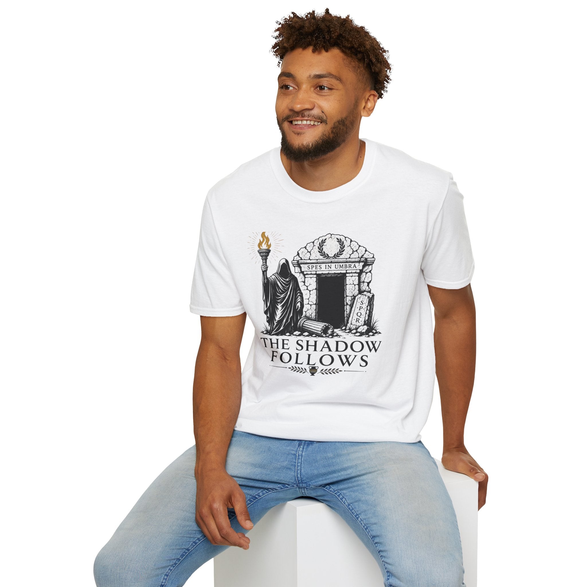 Gothic 'The Shadow Follows' T-Shirt — Cloaked Figure & Tombstone Design