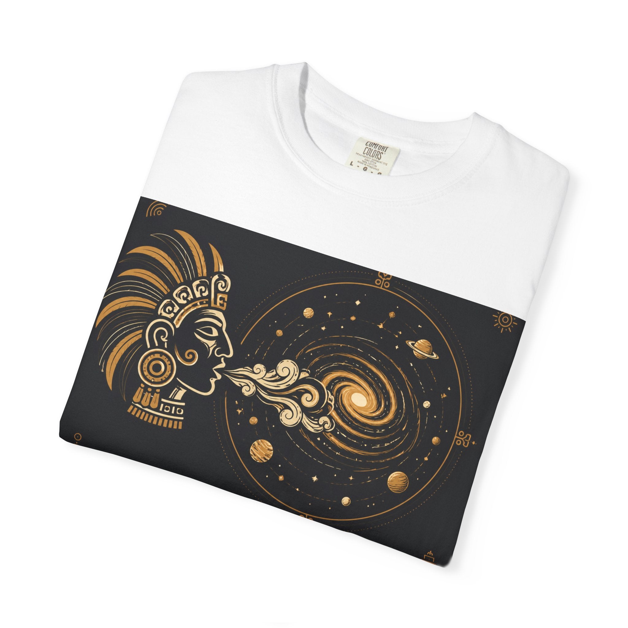 Cosmic Aztec Breath T-Shirt — Golden Galaxy Illustration