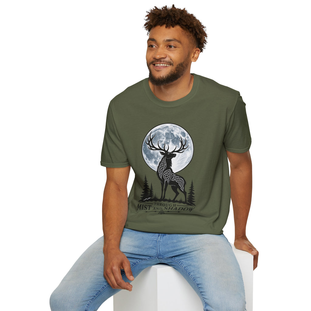 Deer Moon T‑Shirt — 'Mist and Shadow' Woodland Stag Graphic Tee