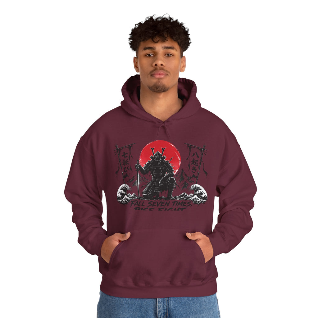 Hoodie — Samurai Wolf Graphic "Fall Seven Times, Rise Eight" Japanese Sunrise