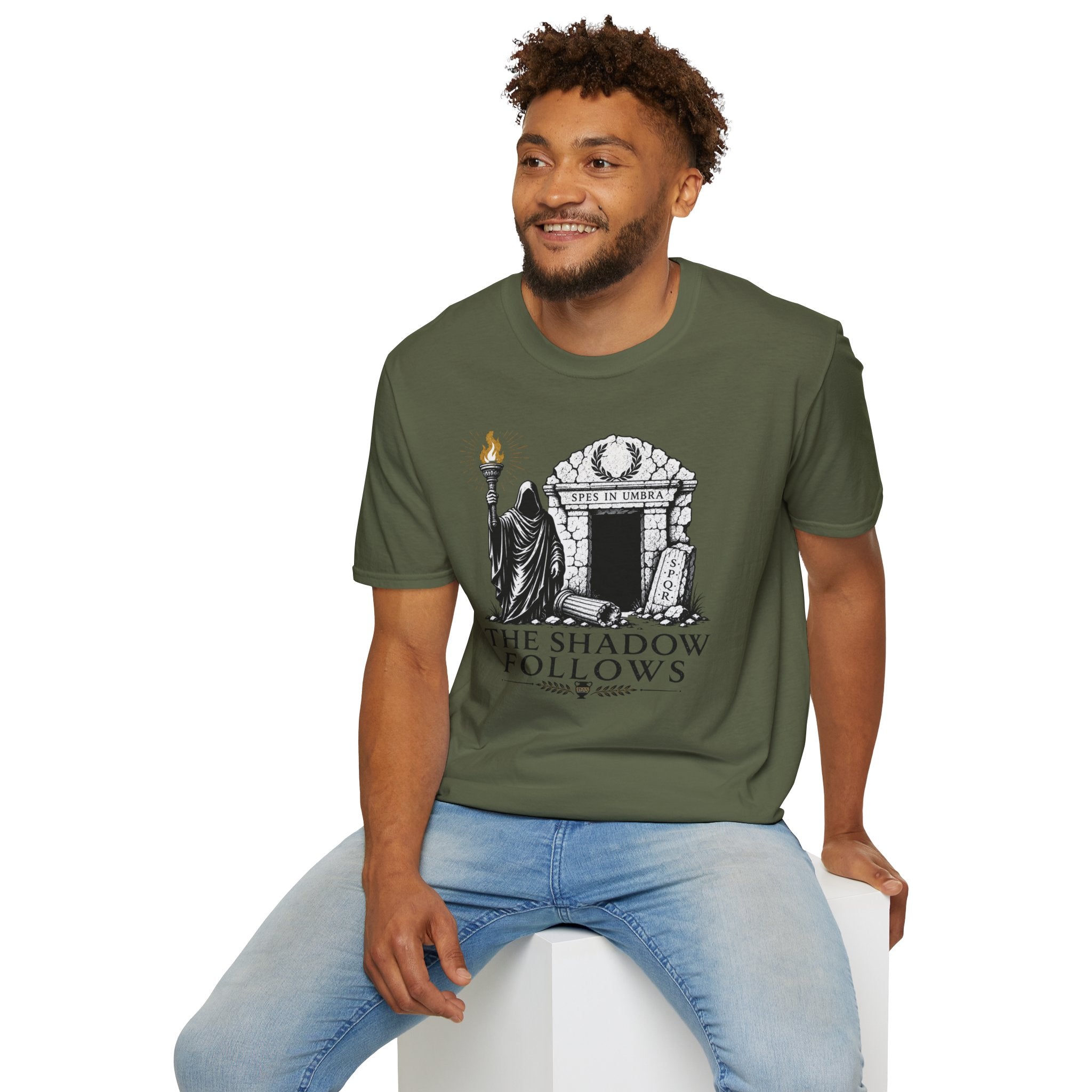 Gothic 'The Shadow Follows' T-Shirt — Cloaked Figure & Tombstone Design