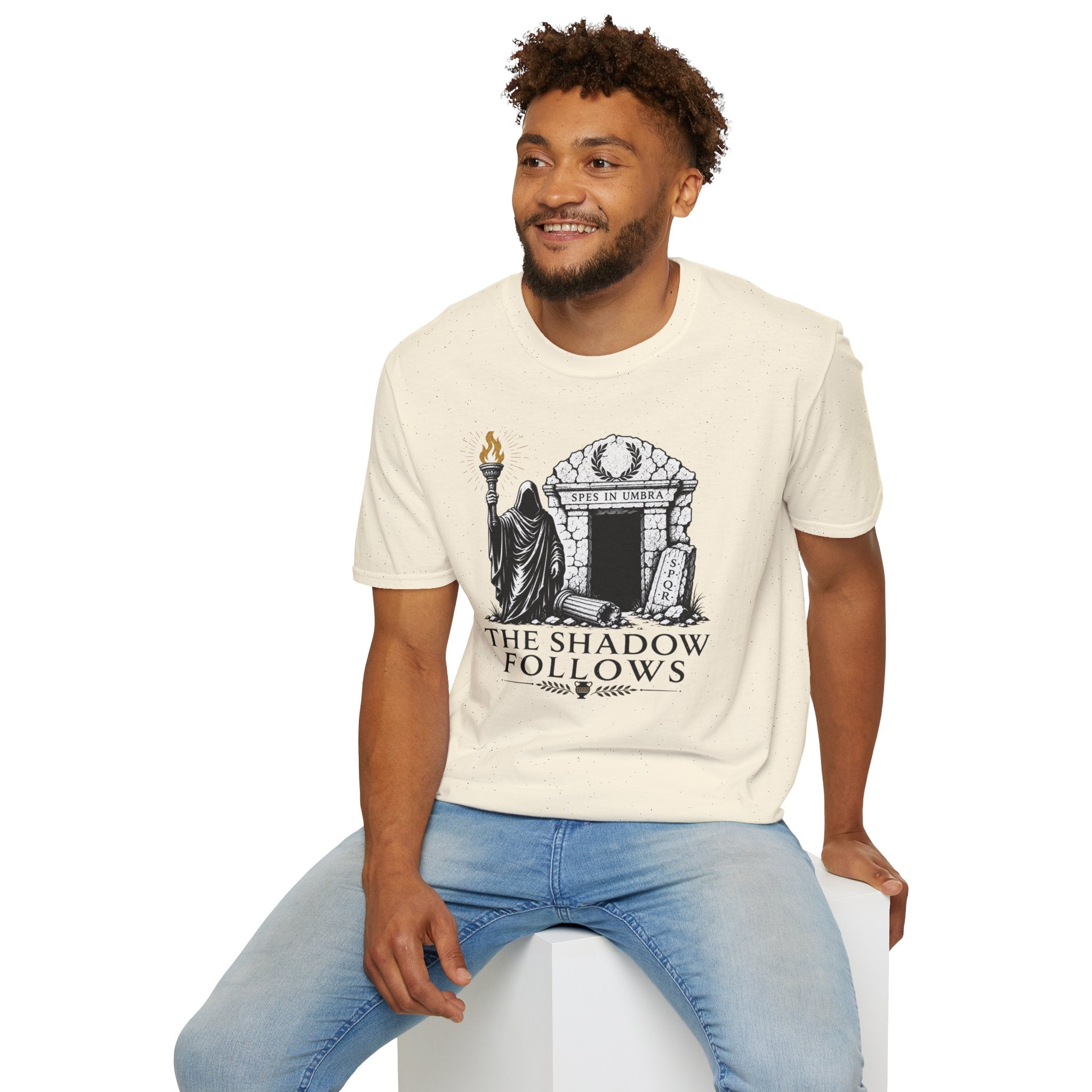 Gothic 'The Shadow Follows' T-Shirt — Cloaked Figure & Tombstone Design