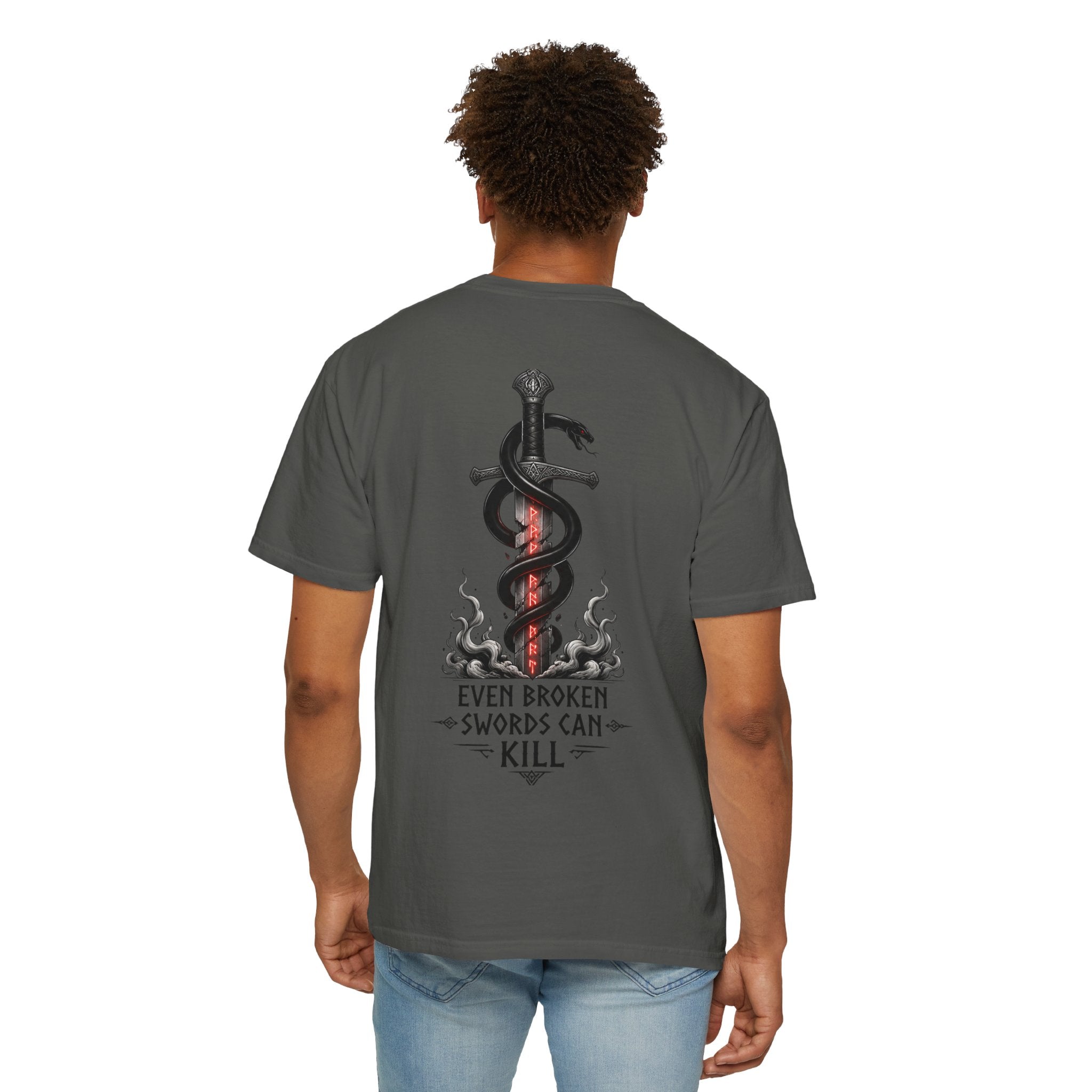 Graphic T-Shirt — 'Even Broken Swords Can Kill' Snake & Sword Back Print