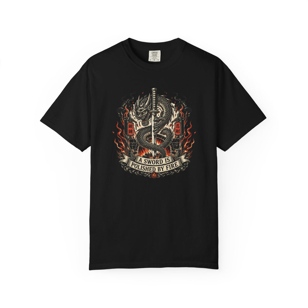 Sword & Flame Graphic T-Shirt — "A Sword Is Polished By Fire"