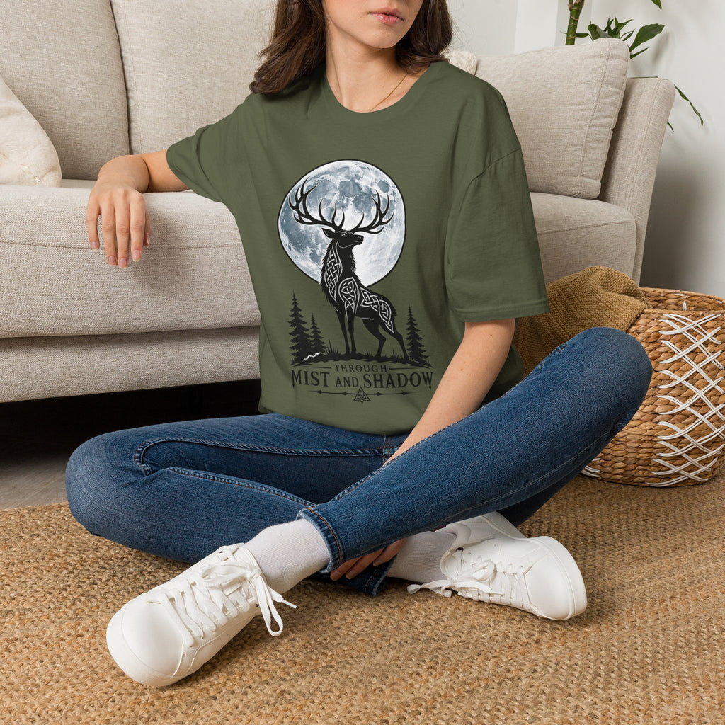 Deer Moon T‑Shirt — 'Mist and Shadow' Woodland Stag Graphic Tee