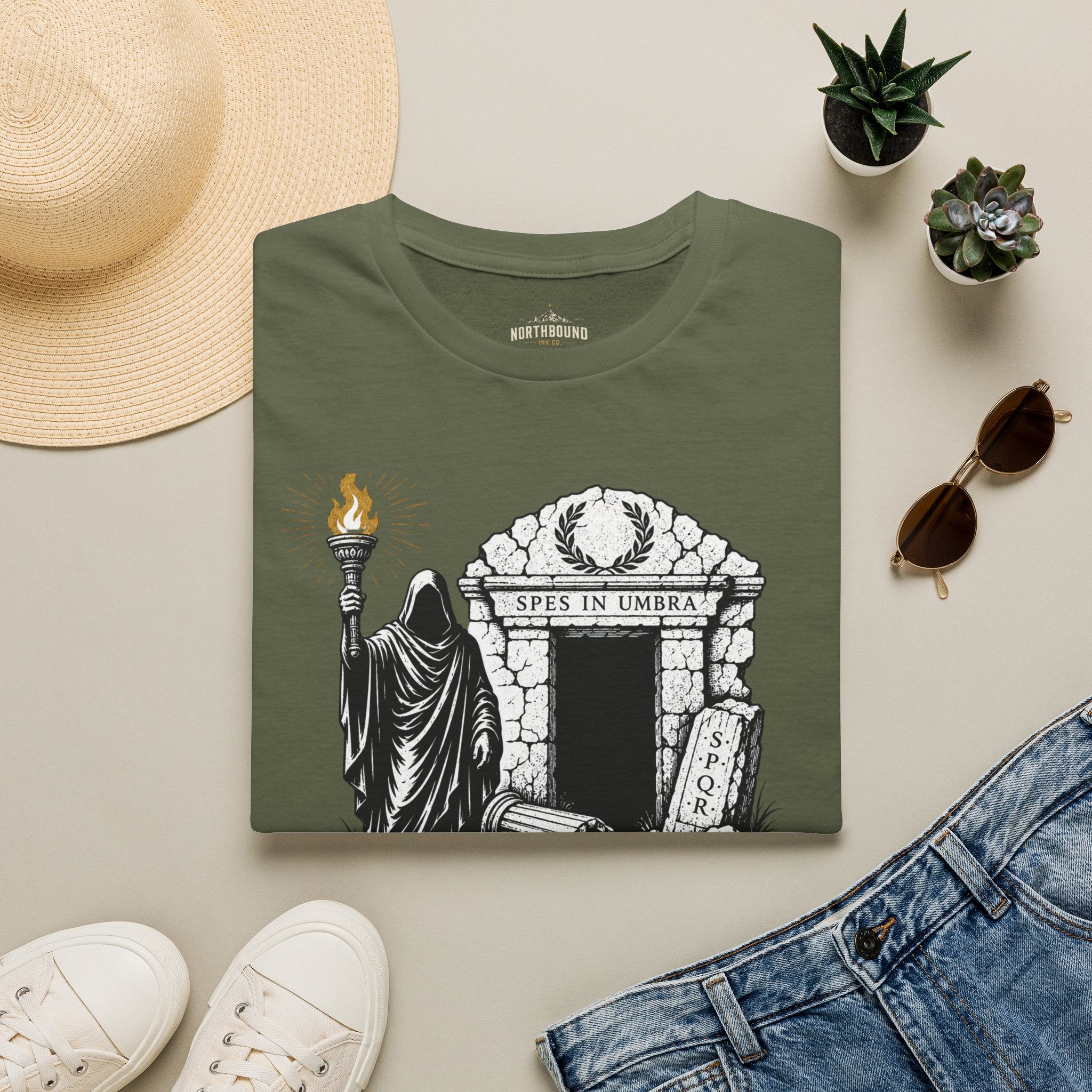 Gothic 'The Shadow Follows' T-Shirt — Cloaked Figure & Tombstone Design