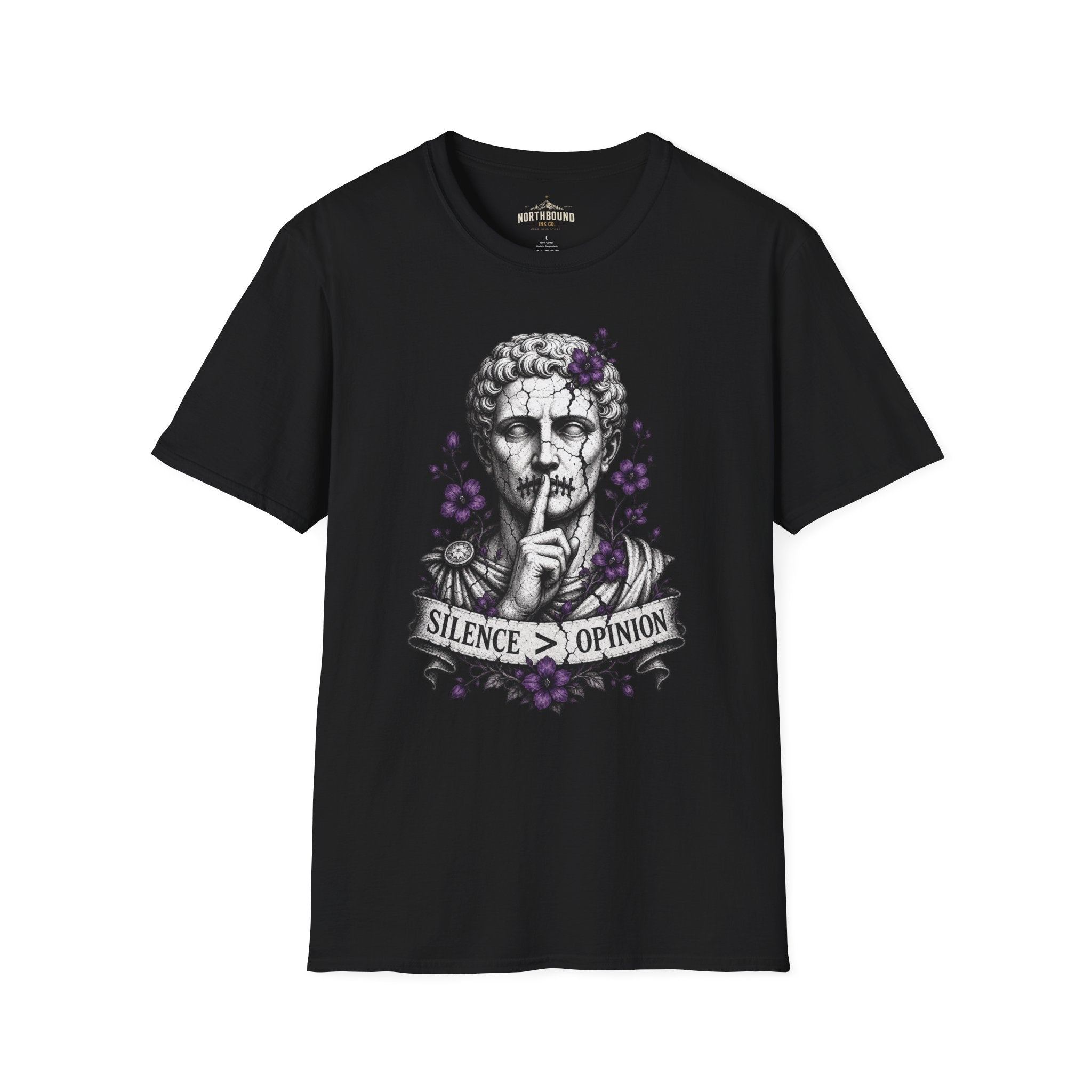 Statue 'Silence Is Opinion' T-Shirt — Gothic Floral Graphic Tee