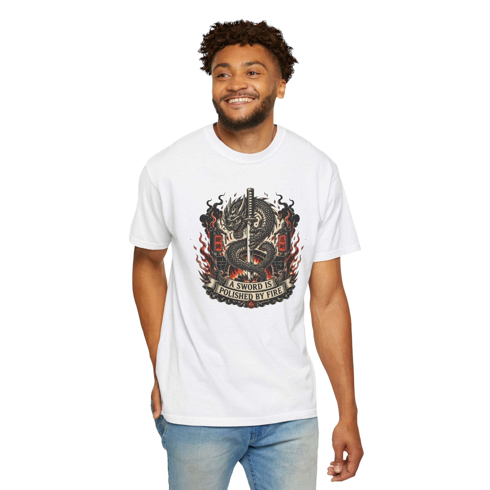 Sword & Flame Graphic T-Shirt — "A Sword Is Polished By Fire"