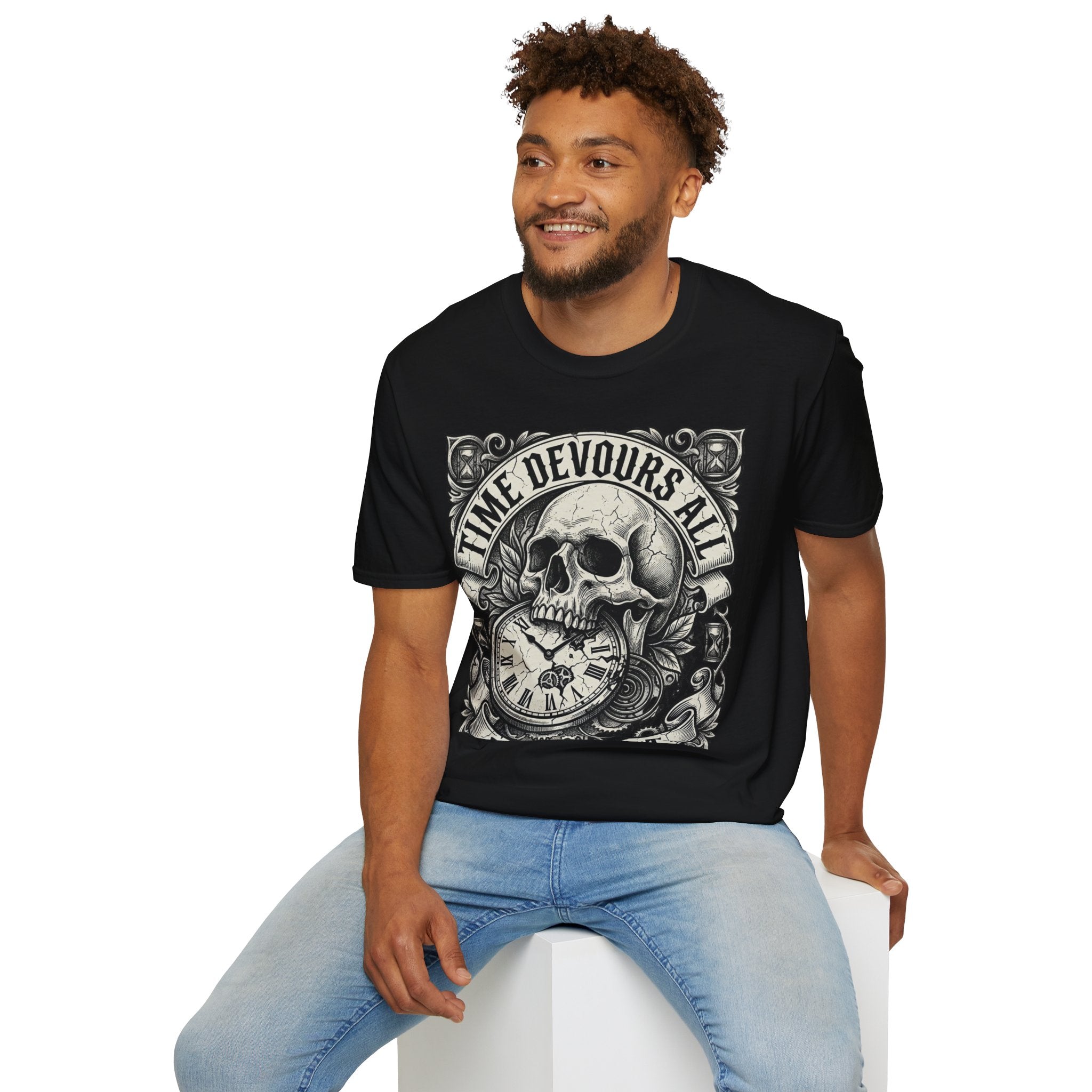 Time Devours All Skull T-Shirt – Vintage Gothic Skull & Pocket Watch Tee