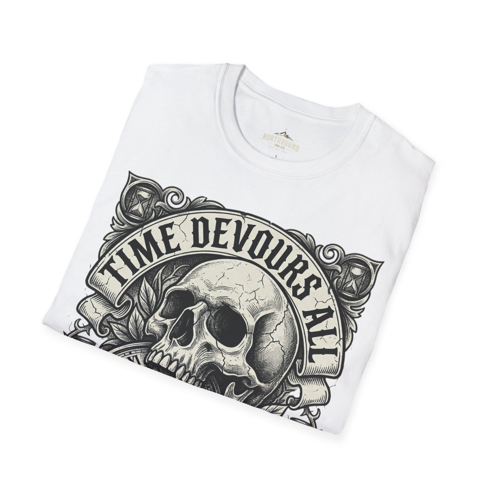 Time Devours All Skull T-Shirt – Vintage Gothic Skull & Pocket Watch Tee