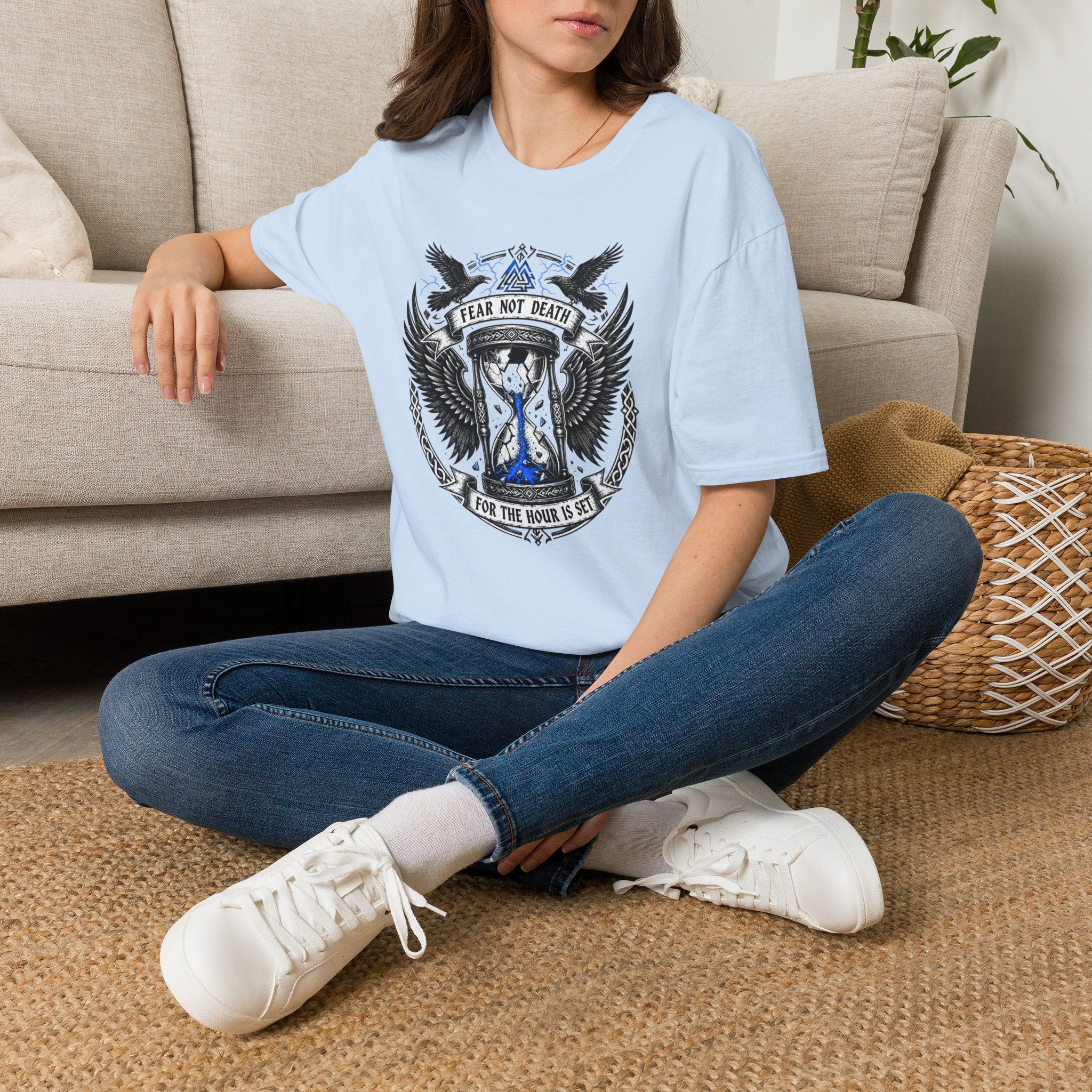 Fear Not Death T‑Shirt — Viking Hourglass Shield Design