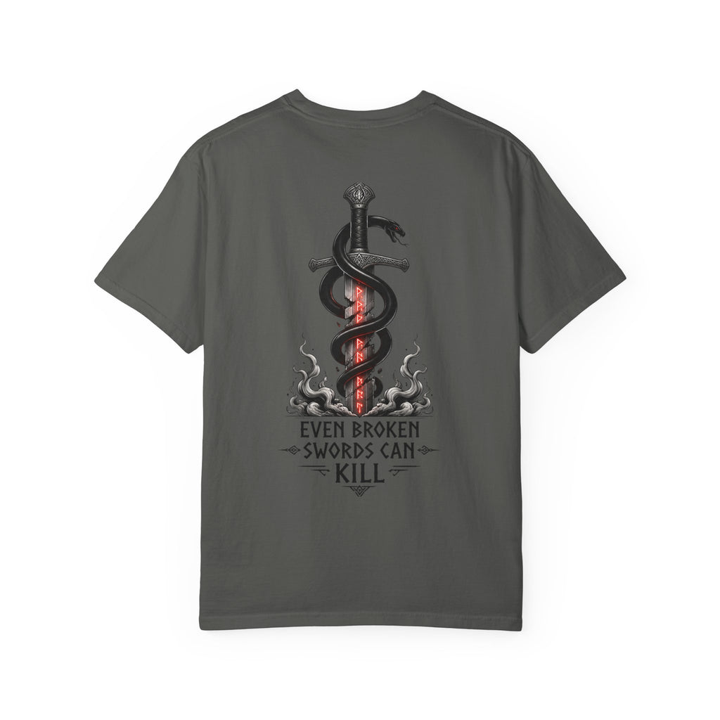 Graphic T-Shirt — 'Even Broken Swords Can Kill' Snake & Sword Back Print