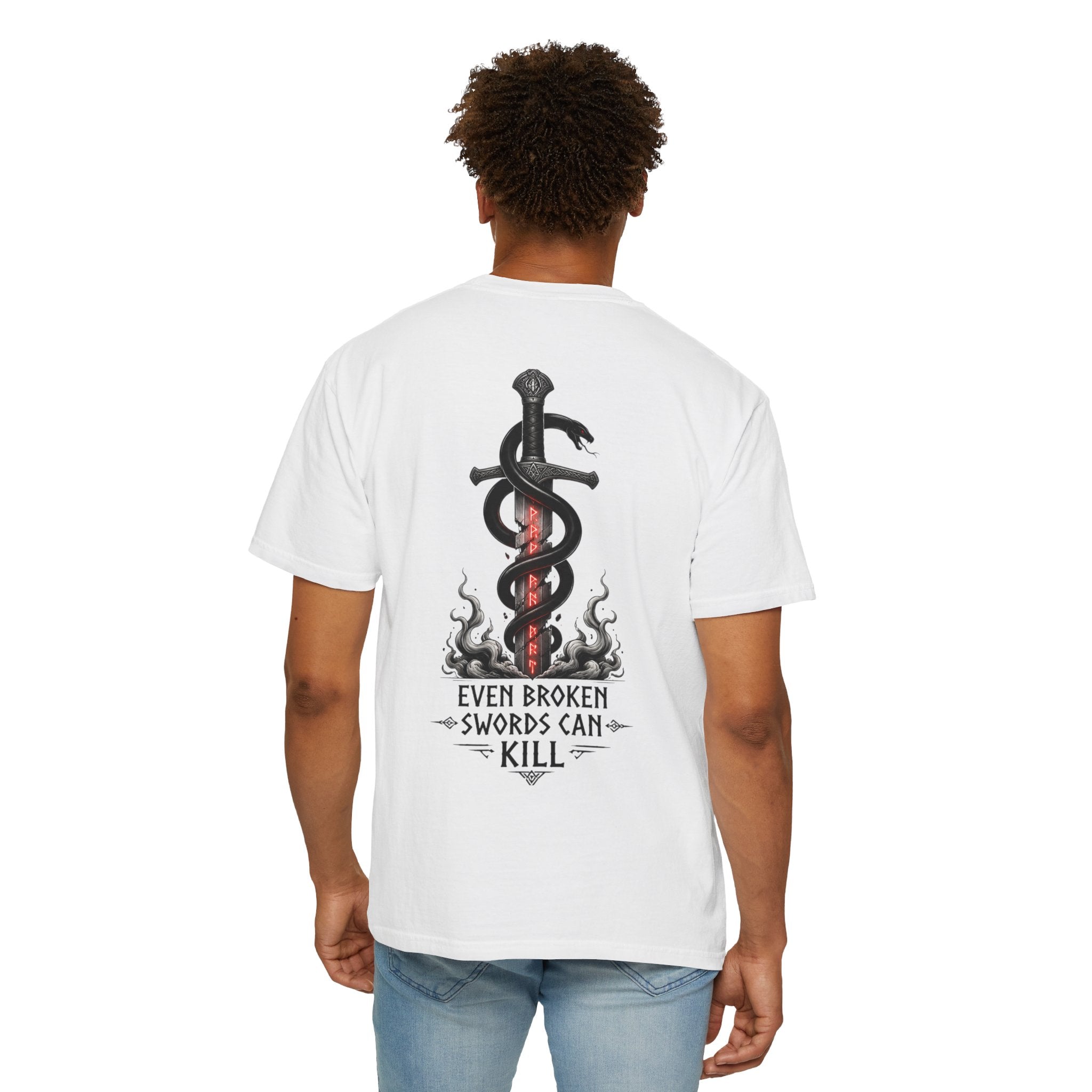 Graphic T-Shirt — 'Even Broken Swords Can Kill' Snake & Sword Back Print