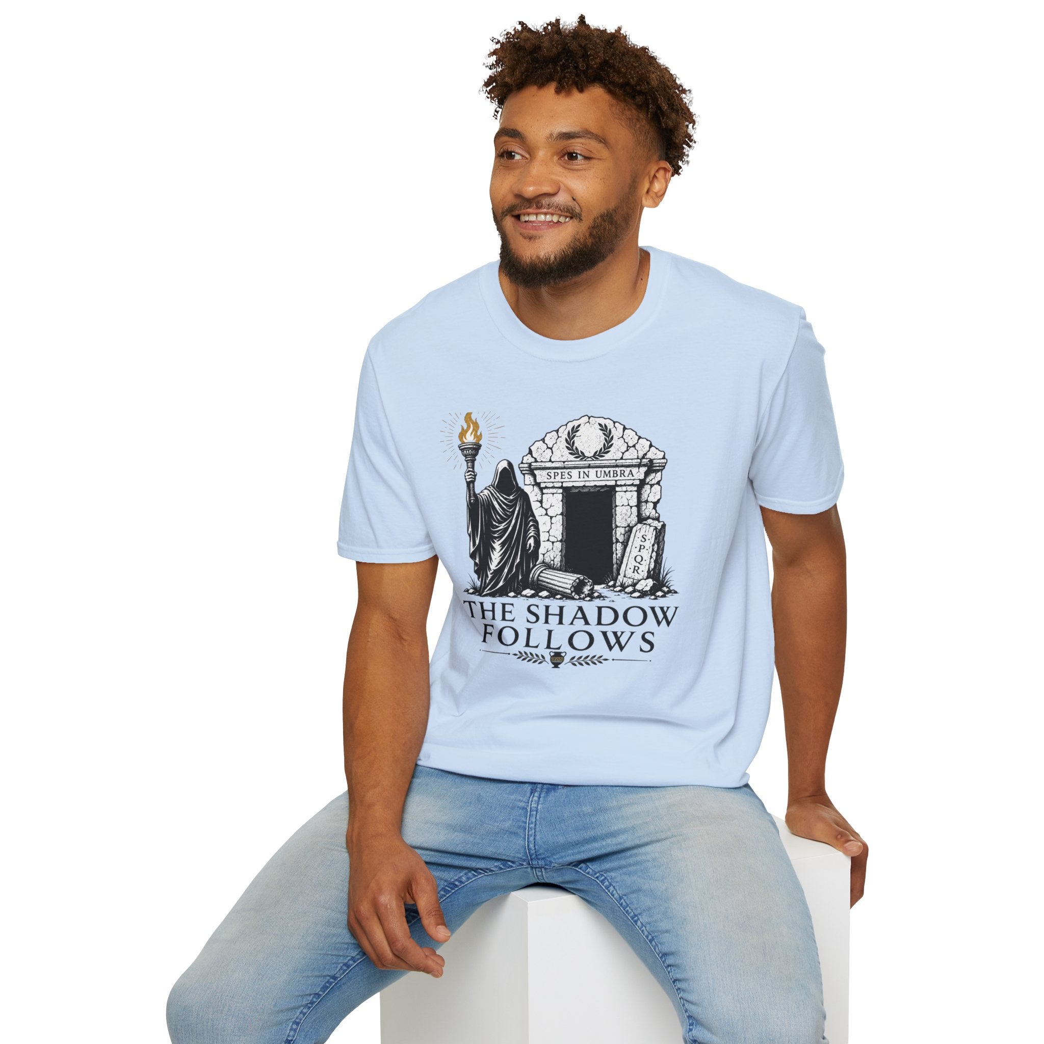 Gothic 'The Shadow Follows' T-Shirt — Cloaked Figure & Tombstone Design