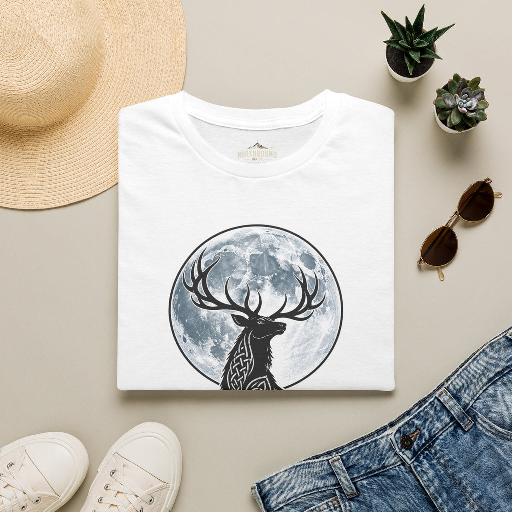Deer Moon T‑Shirt — 'Mist and Shadow' Woodland Stag Graphic Tee