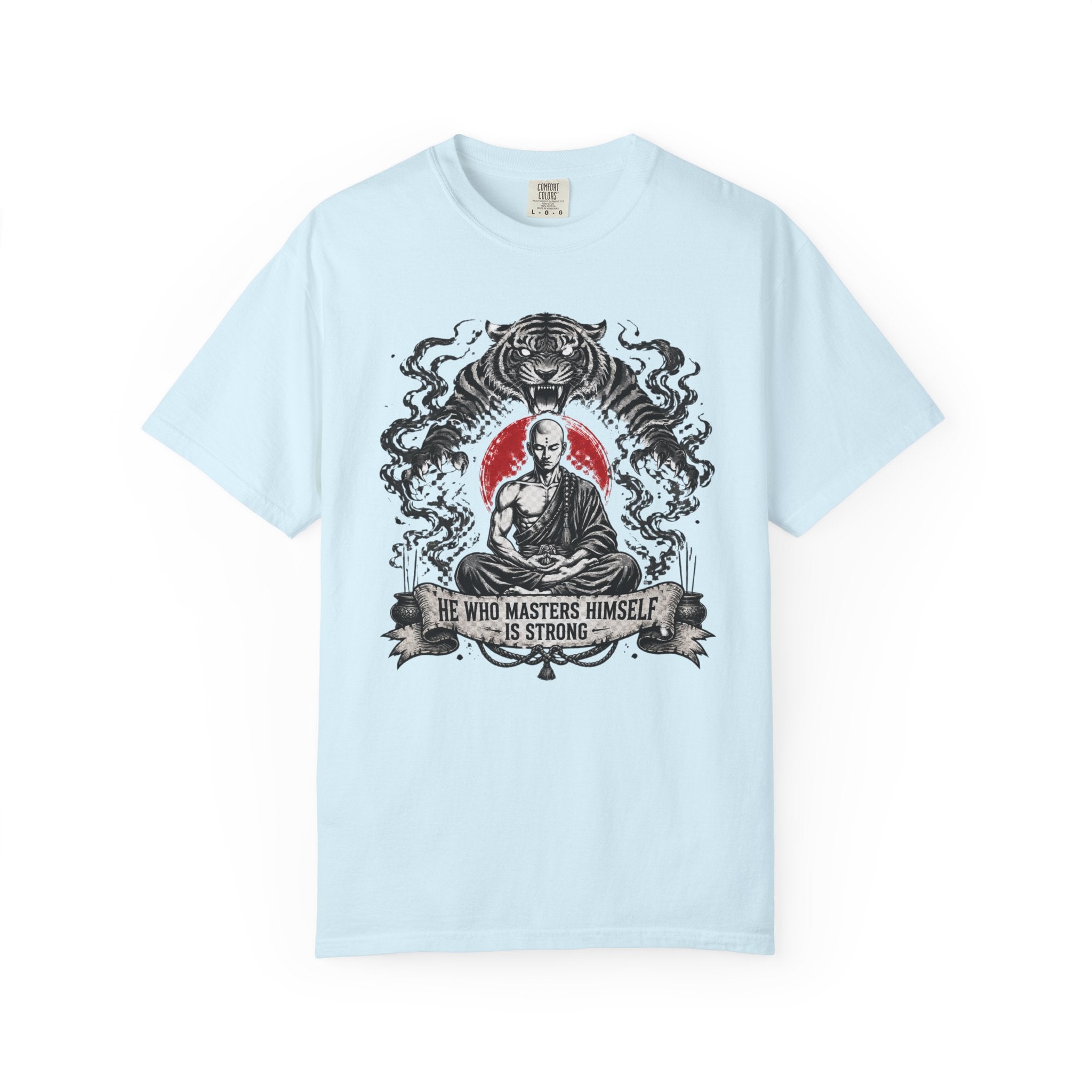Meditation Tiger T-Shirt — "He Who Masters Himself is Strong" Zen Graphic Tee