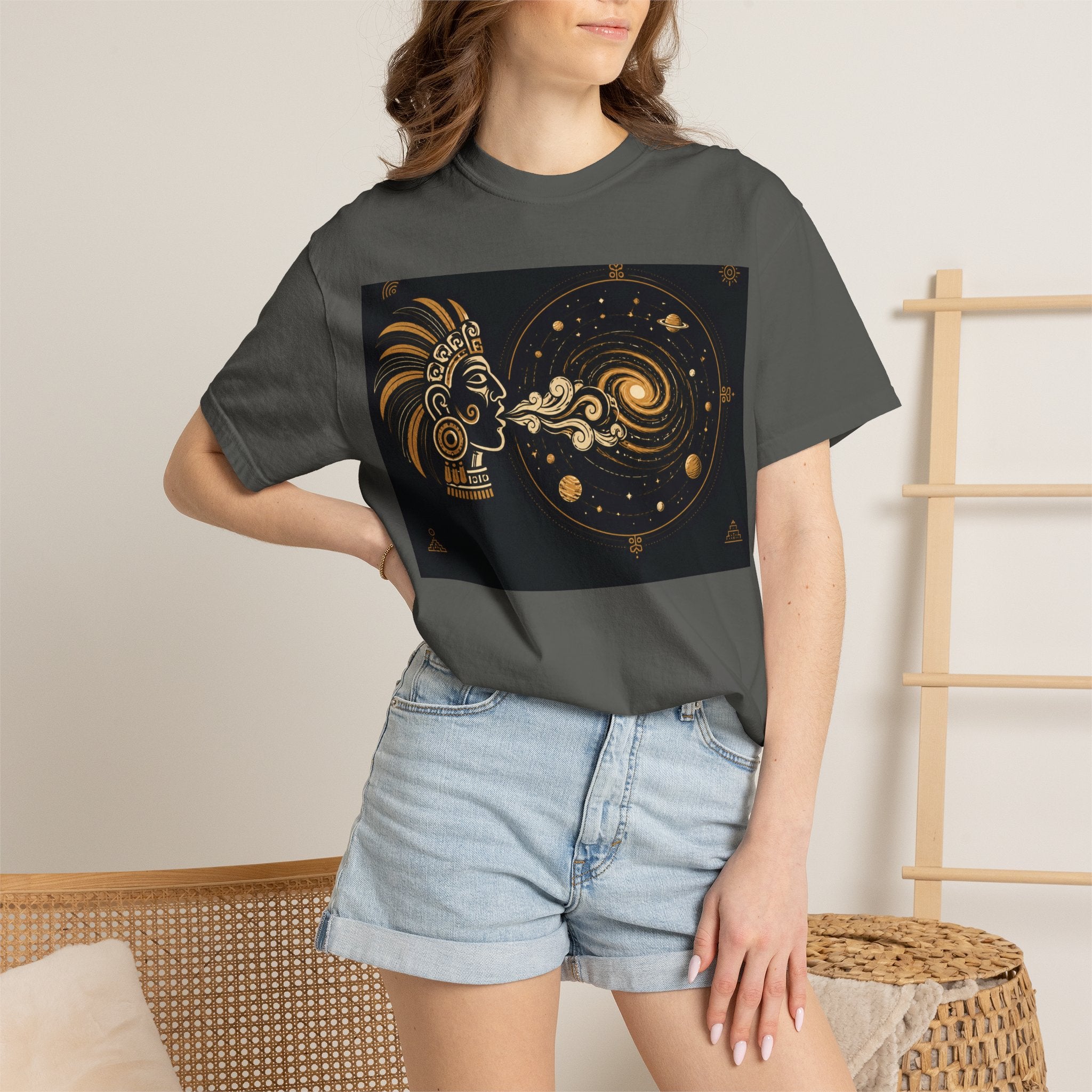 Cosmic Aztec Breath T-Shirt — Golden Galaxy Illustration