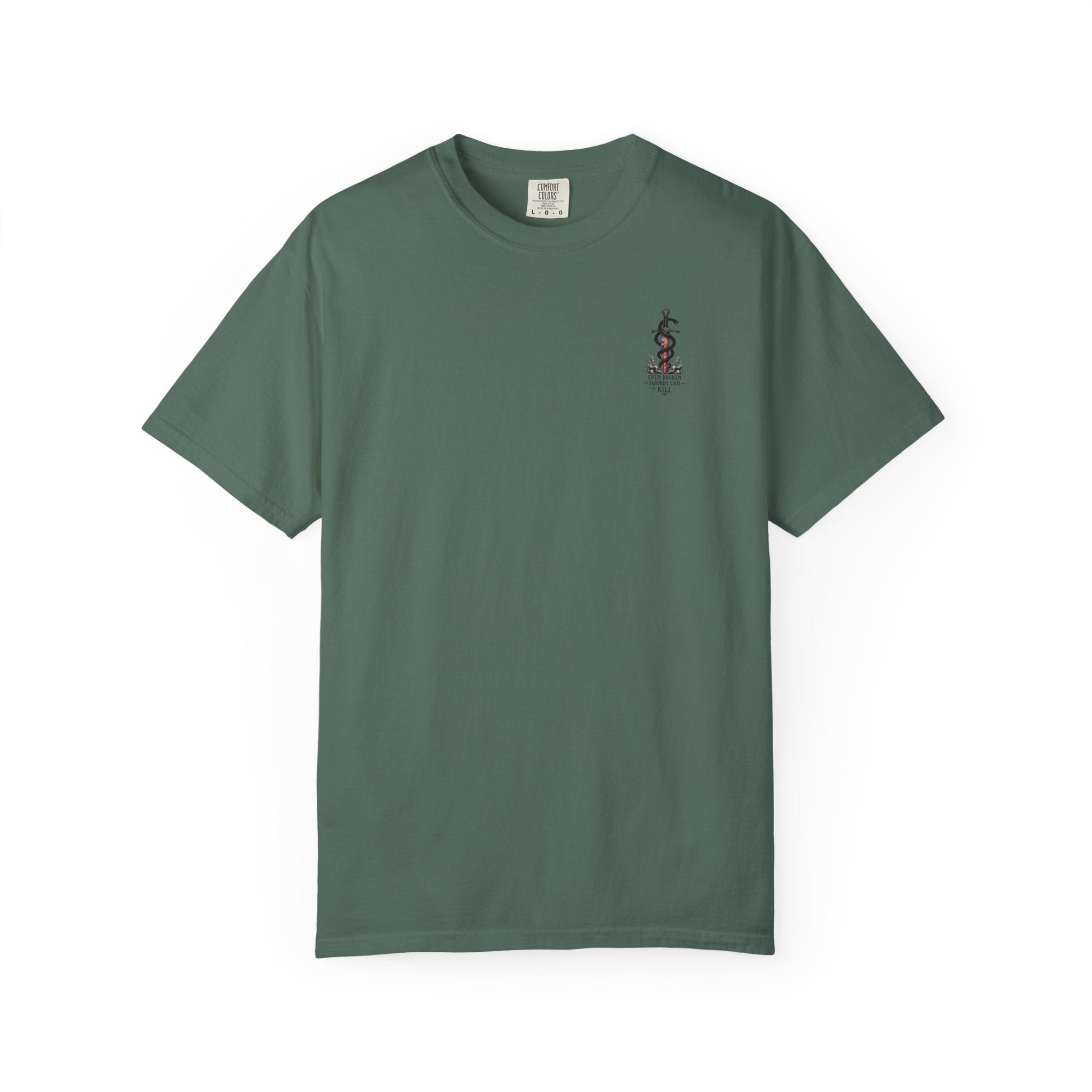 Graphic T-Shirt — 'Even Broken Swords Can Kill' Snake & Sword Back Print
