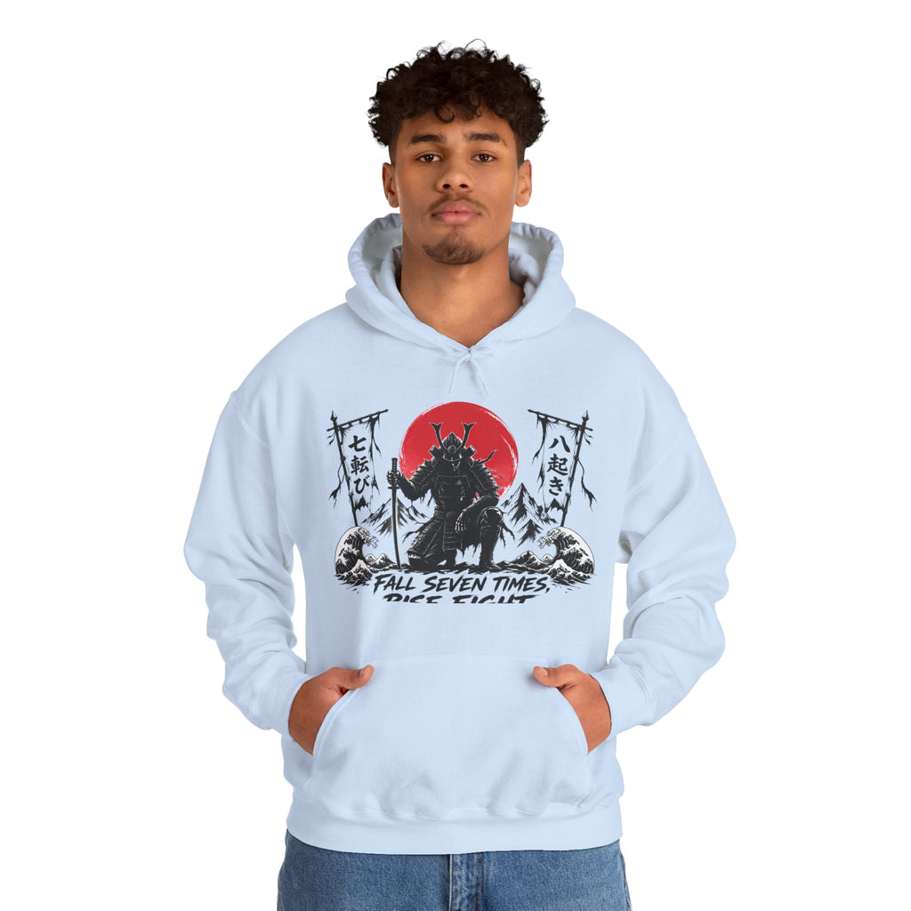 Hoodie — Samurai Wolf Graphic "Fall Seven Times, Rise Eight" Japanese Sunrise