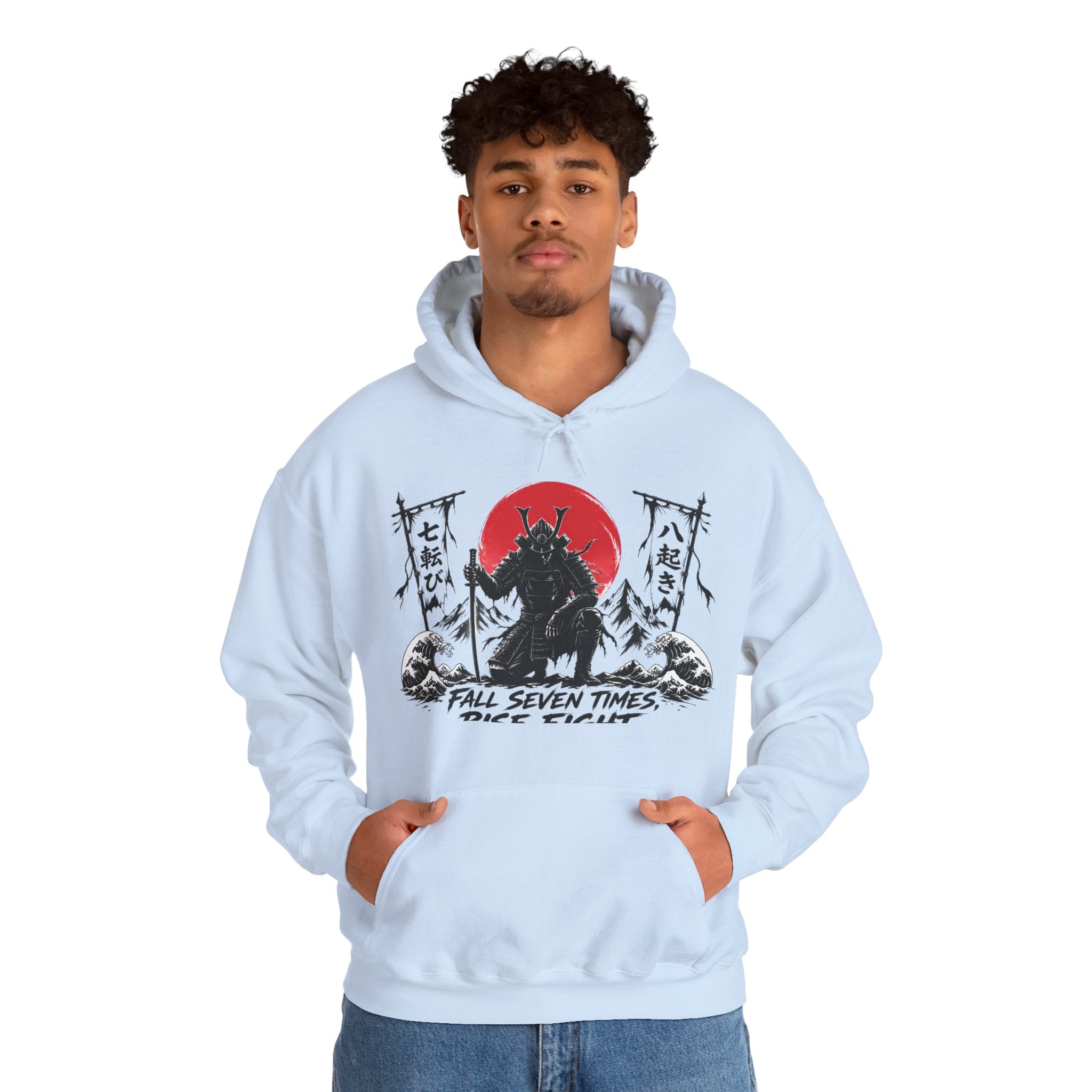 Hoodie — Samurai Wolf Graphic "Fall Seven Times, Rise Eight" Japanese Sunrise