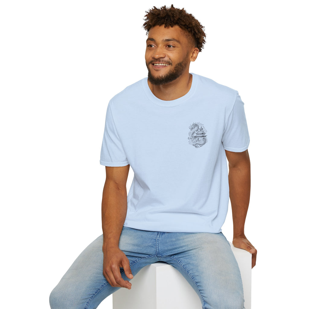 Dragon Crest Pocket T-Shirt — Small Intricate Dragon Chest Graphic