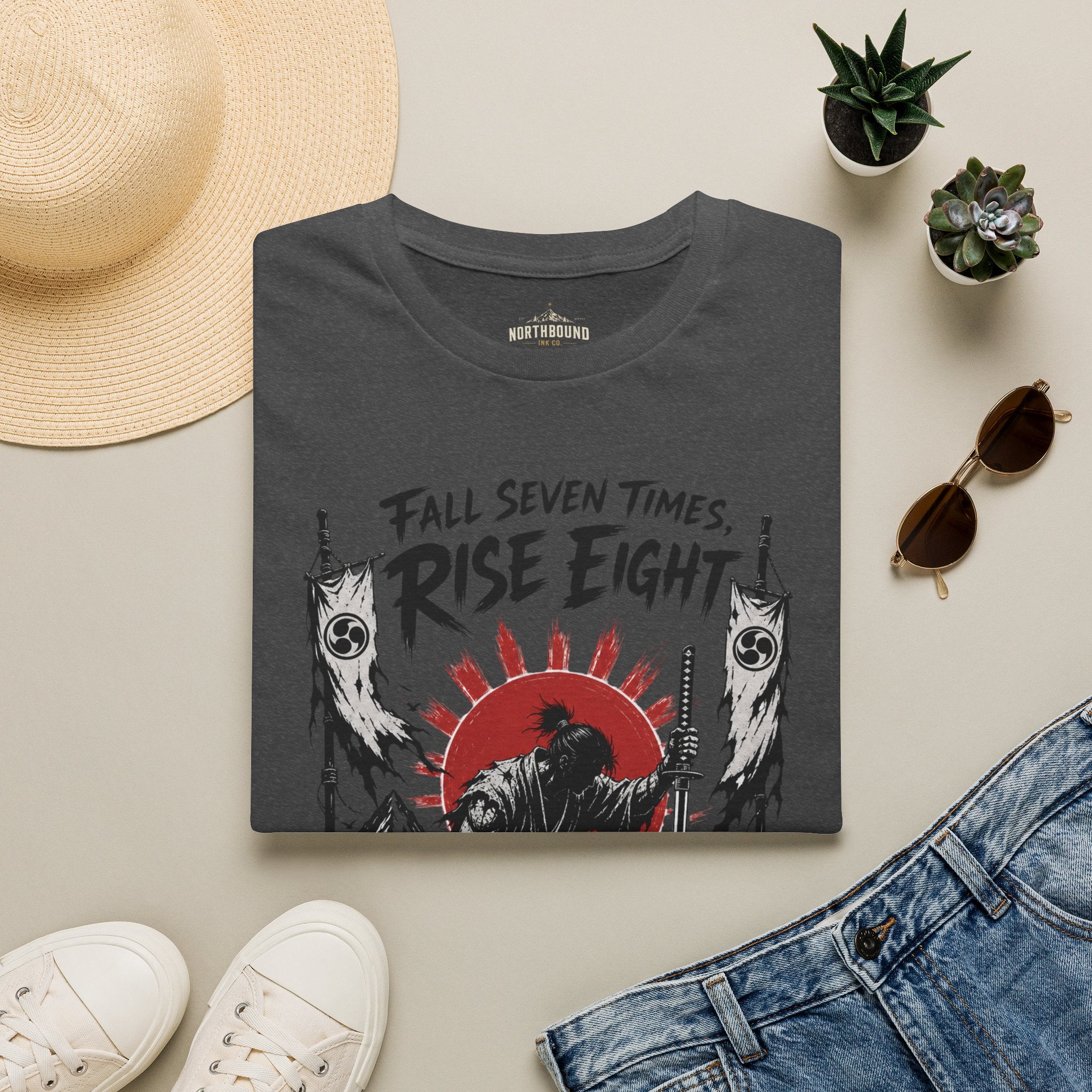 Rise Eight T-Shirt — Fall Seven Times Inspirational Samurai Graphic Tee
