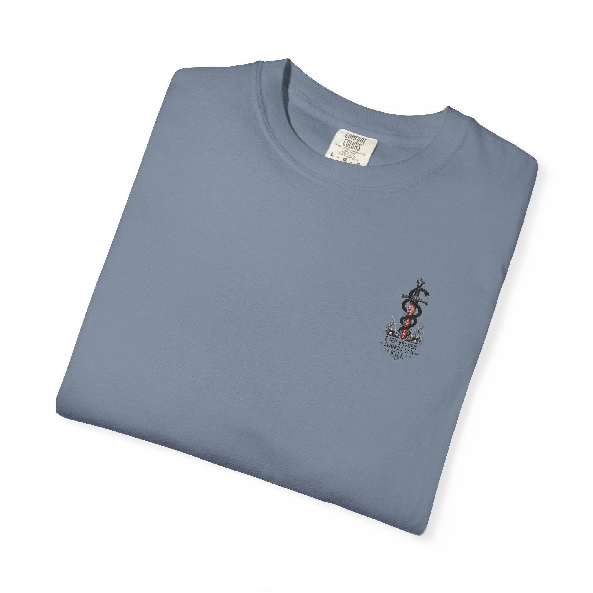 Graphic T-Shirt — 'Even Broken Swords Can Kill' Snake & Sword Back Print