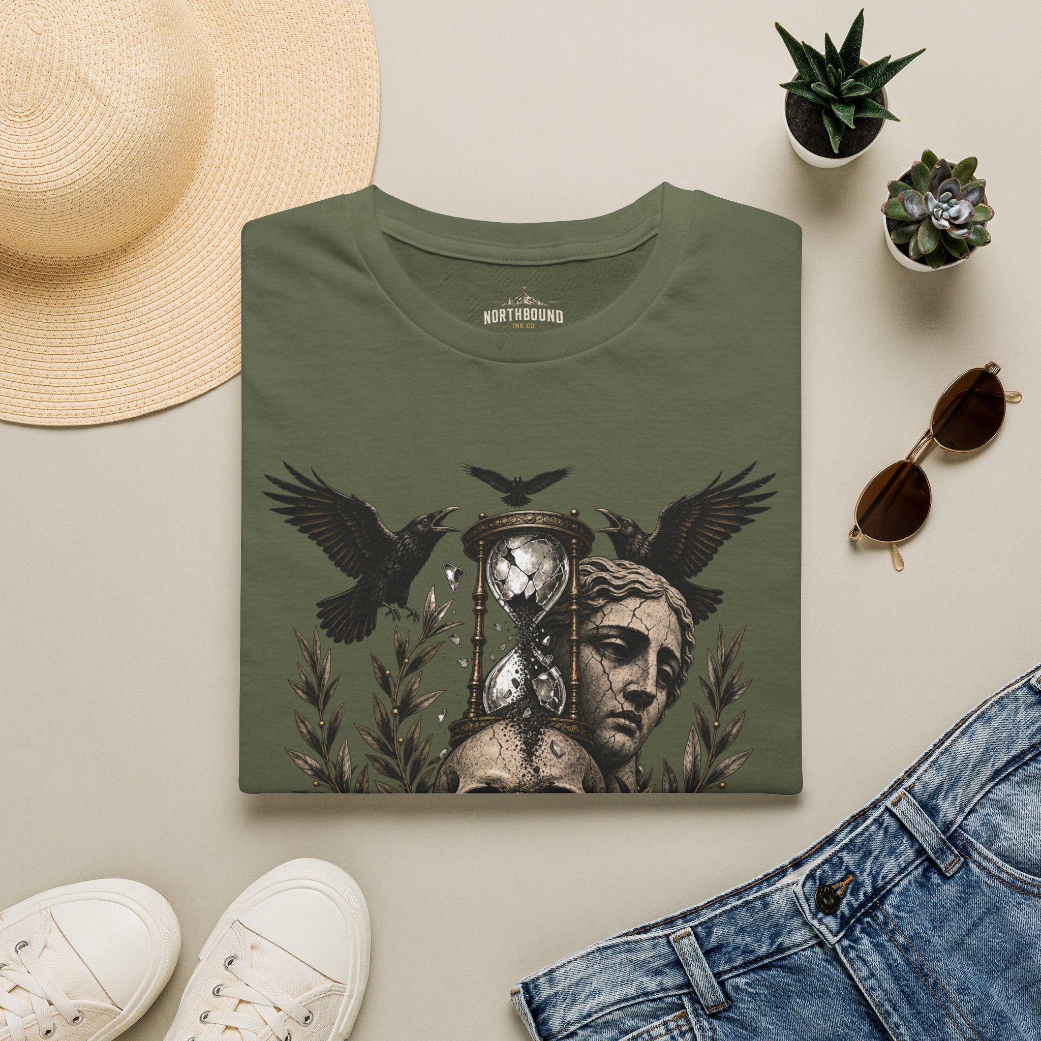 Memento Mori T-Shirt — Hourglass Statue & Ravens Vintage Death Awareness Tee