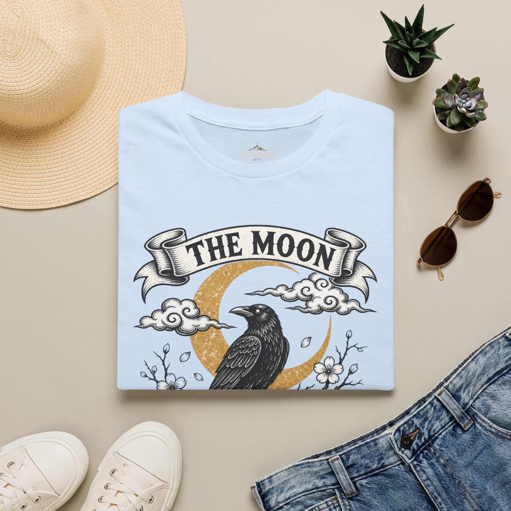 Moon & Raven T-Shirt — "The Moon Does Not Fight The Moon" Gothic Celestial Tee