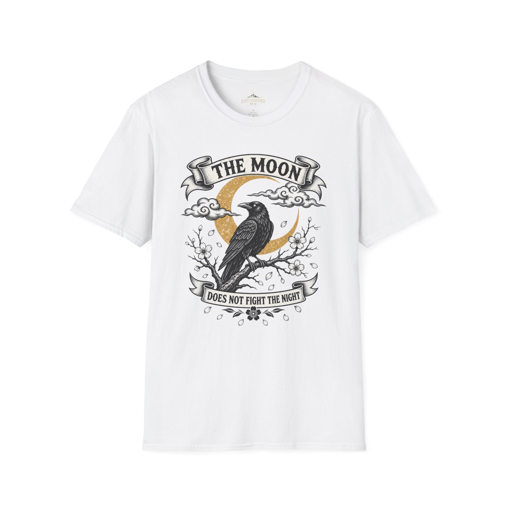 Moon & Raven T-Shirt — "The Moon Does Not Fight The Moon" Gothic Celestial Tee