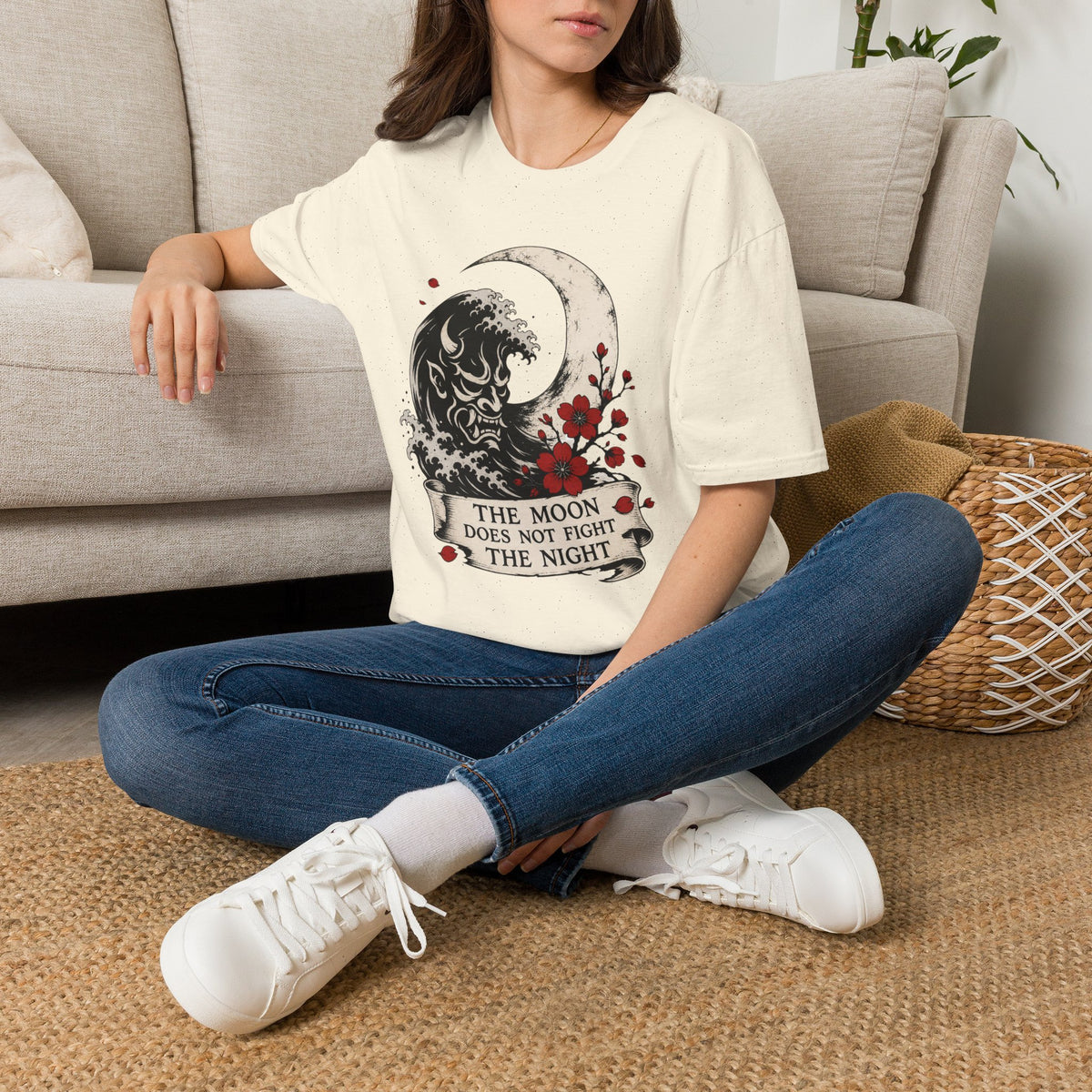 Moon & Wave Graphic T-Shirt — "The Moon Does Not Fight The Night"