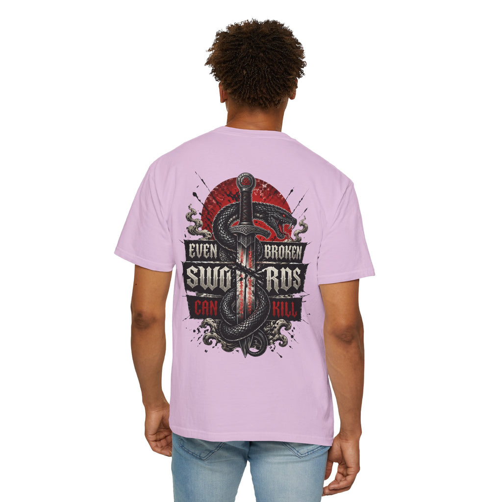 Graphic T-Shirt — "Even Broken Swords Can Kill" Snake & Dagger Back Print