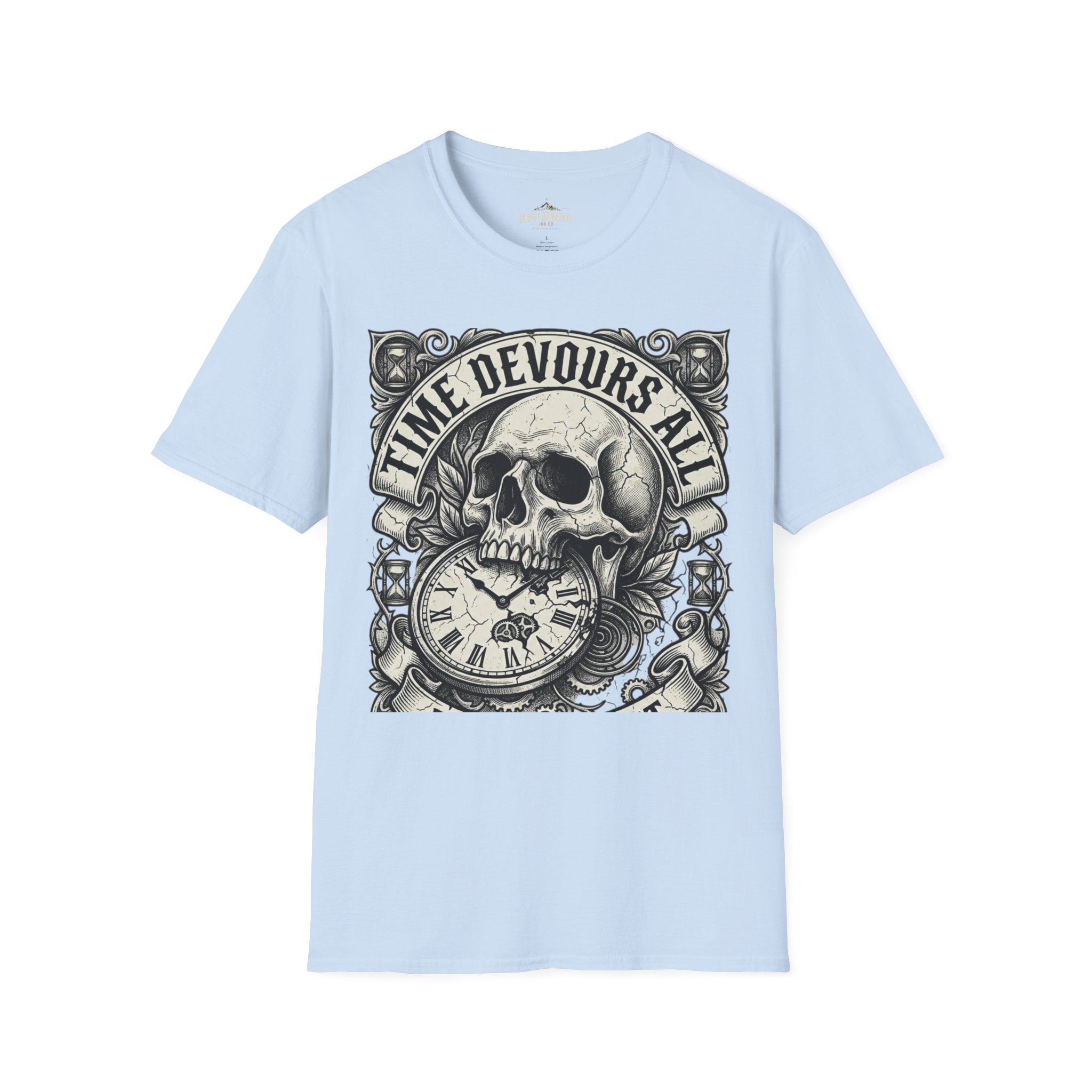 Time Devours All Skull T-Shirt – Vintage Gothic Skull & Pocket Watch Tee