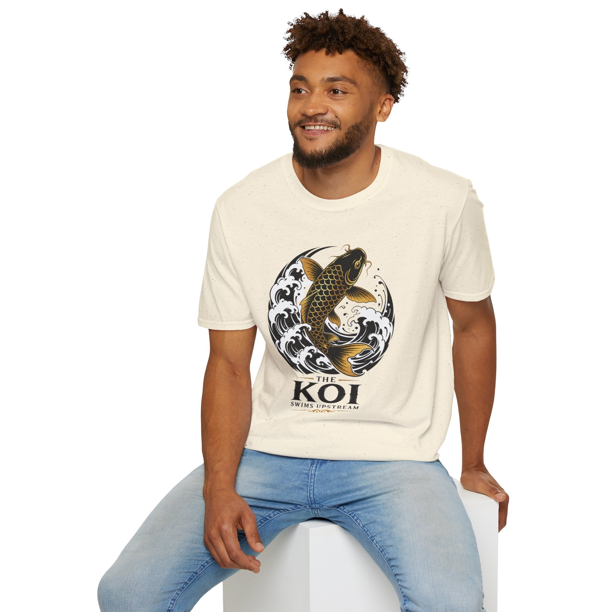 Koi Fish T-Shirt — Black & Gold Japanese Wave Graphic