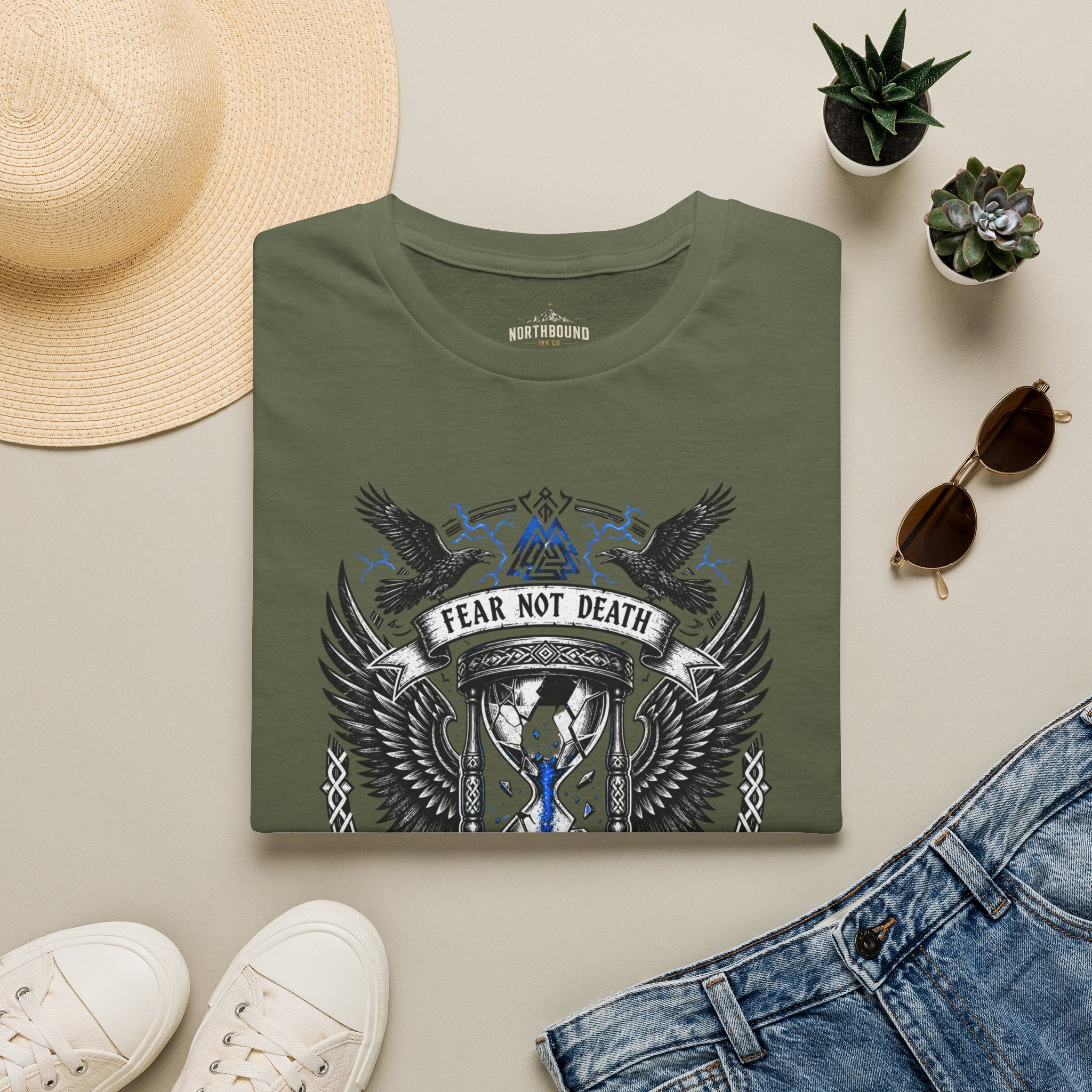 Fear Not Death T‑Shirt — Viking Hourglass Shield Design