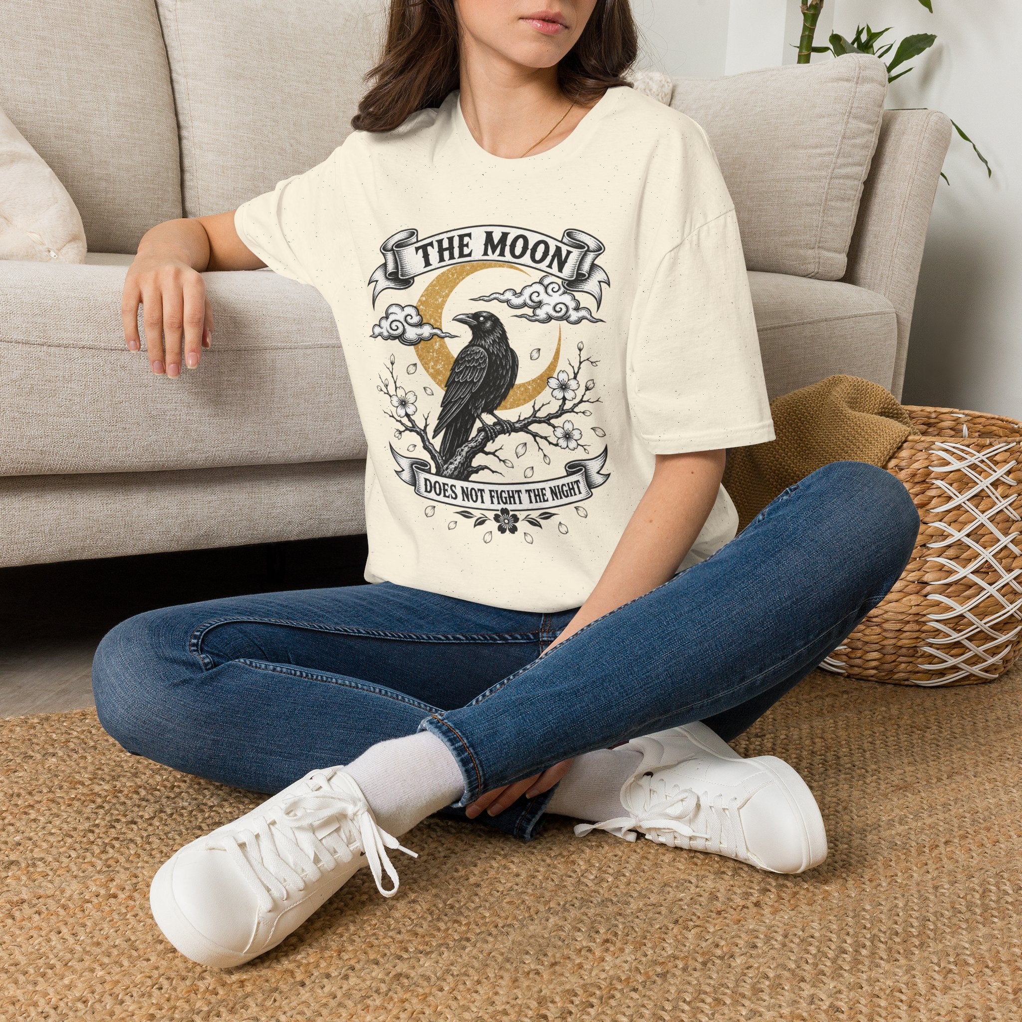 Moon & Raven T-Shirt — "The Moon Does Not Fight The Moon" Gothic Celestial Tee