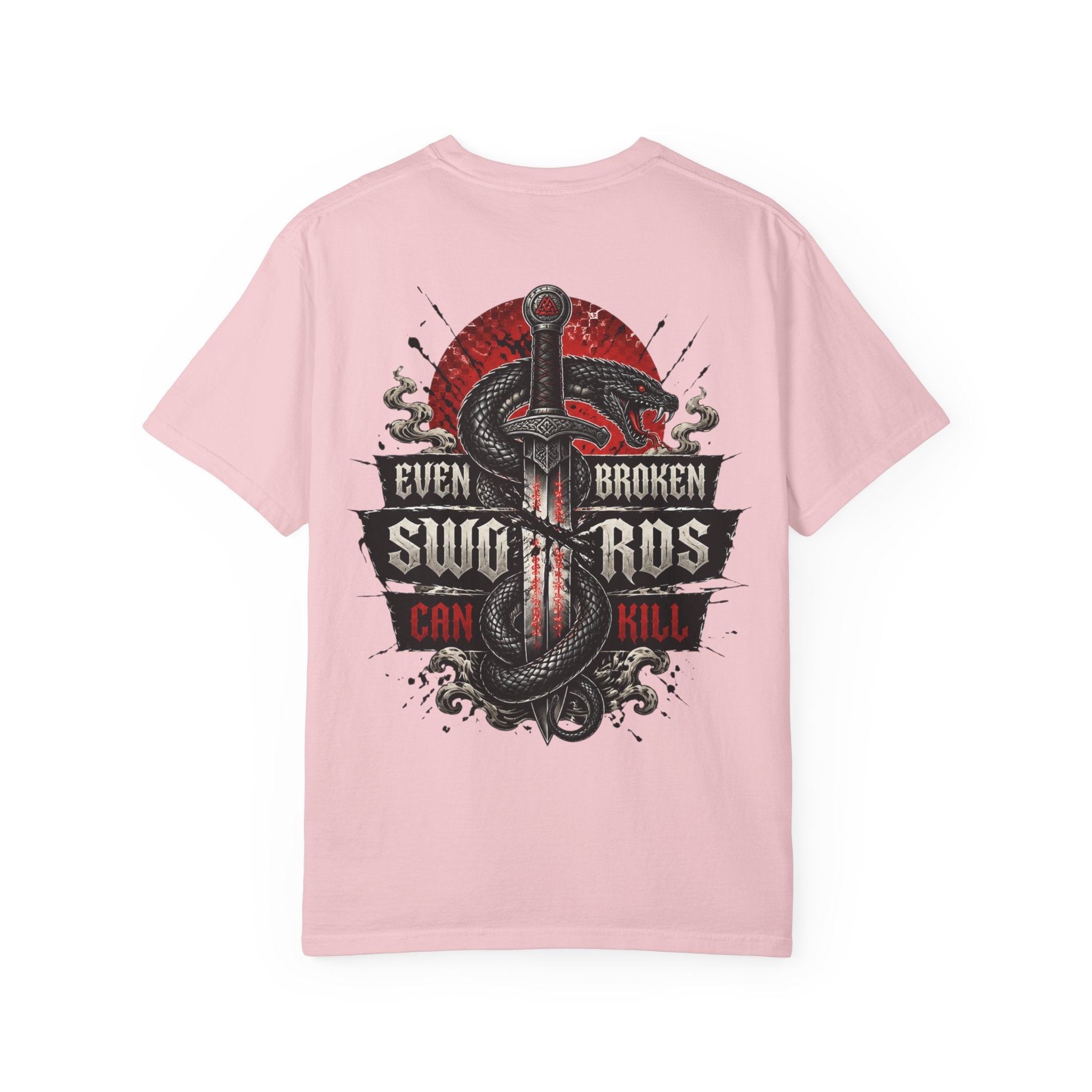 Graphic T-Shirt — "Even Broken Swords Can Kill" Snake & Dagger Back Print