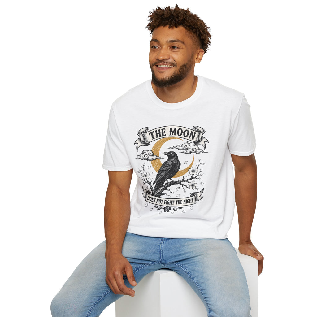 Moon & Raven T-Shirt — "The Moon Does Not Fight The Moon" Gothic Celestial Tee
