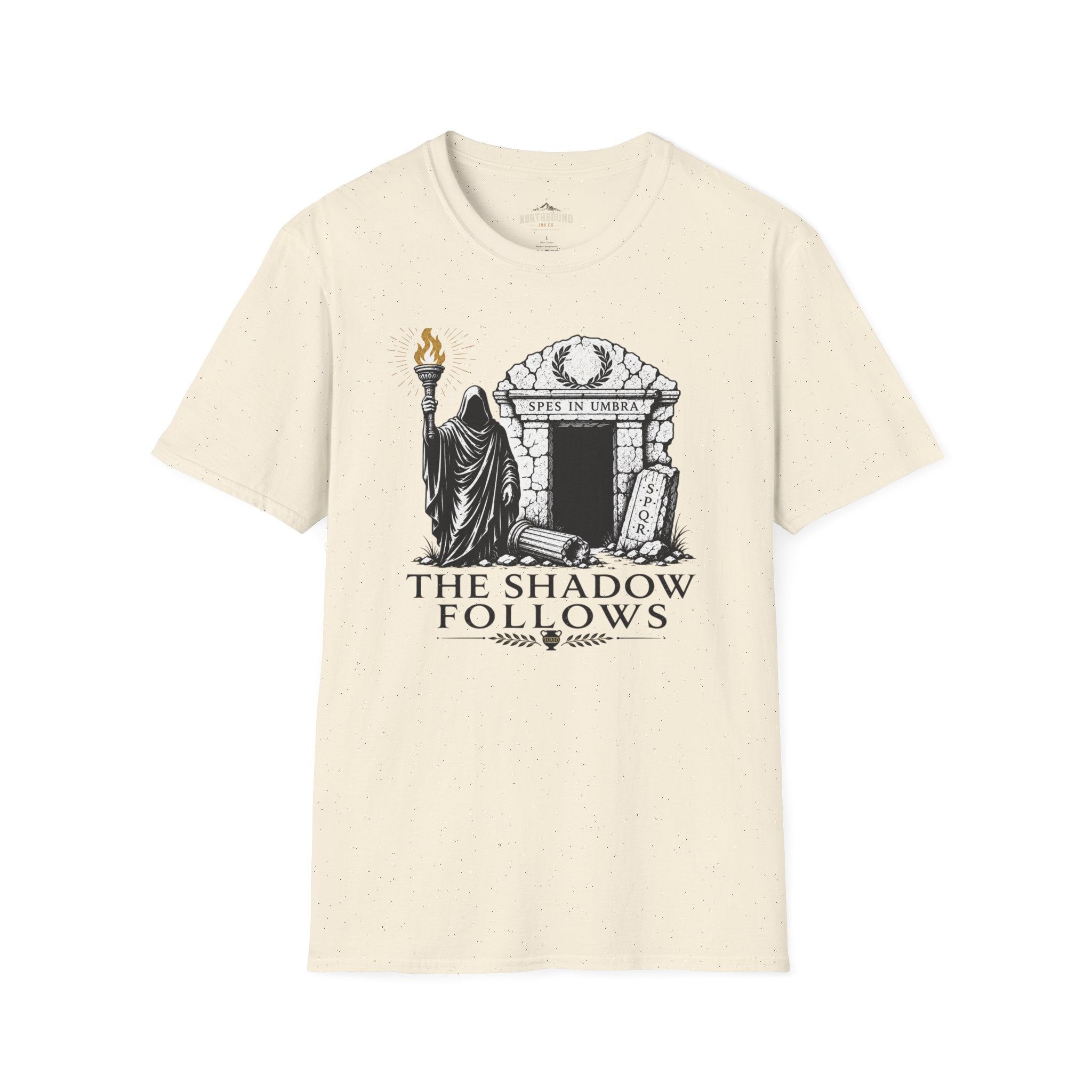 Gothic 'The Shadow Follows' T-Shirt — Cloaked Figure & Tombstone Design