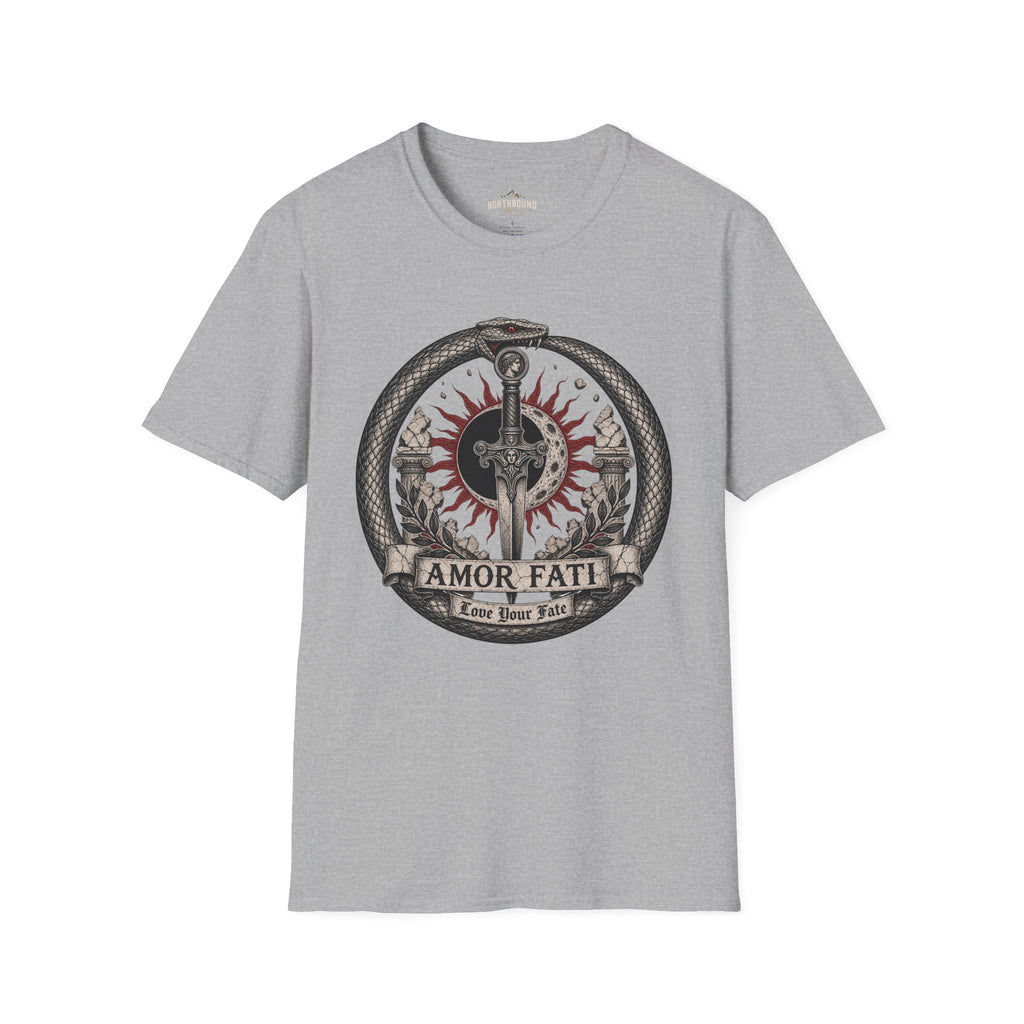 Amor Fati Sword T-Shirt — Sun & Ouroboros Graphic Tee