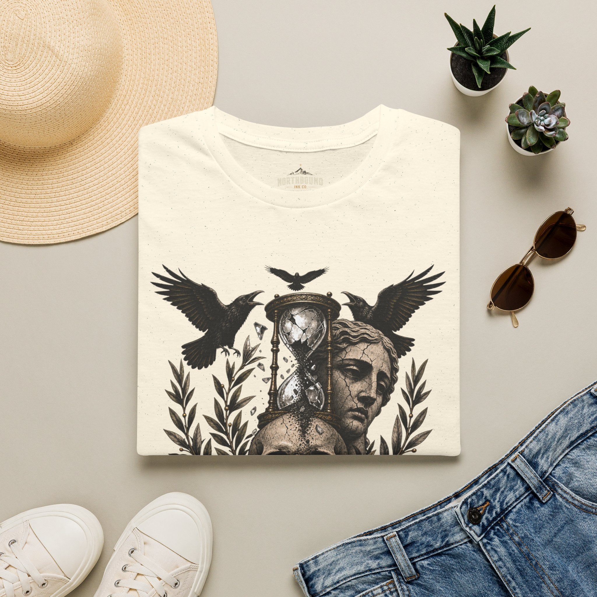 Memento Mori T-Shirt — Hourglass Statue & Ravens Vintage Death Awareness Tee