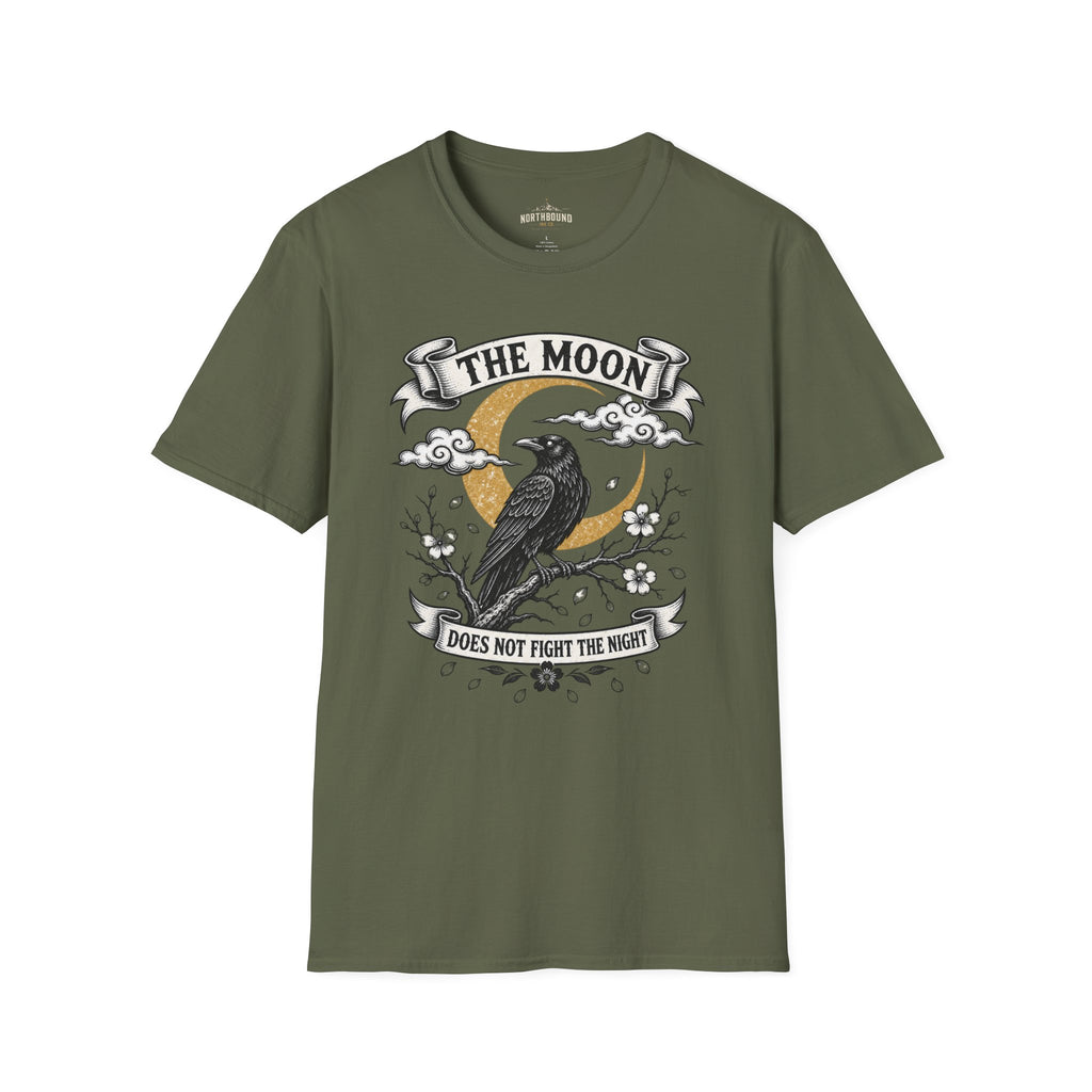 Moon & Raven T-Shirt — "The Moon Does Not Fight The Moon" Gothic Celestial Tee