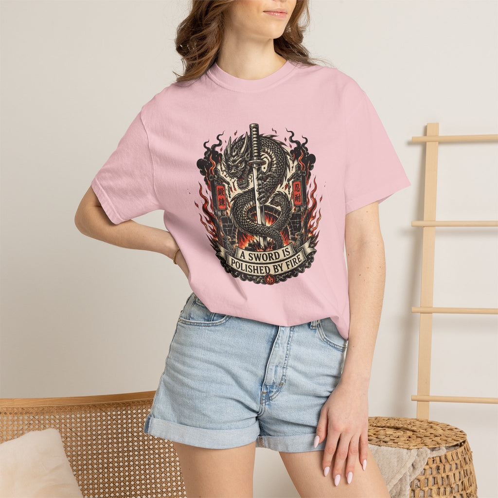 Sword & Flame Graphic T-Shirt — "A Sword Is Polished By Fire"