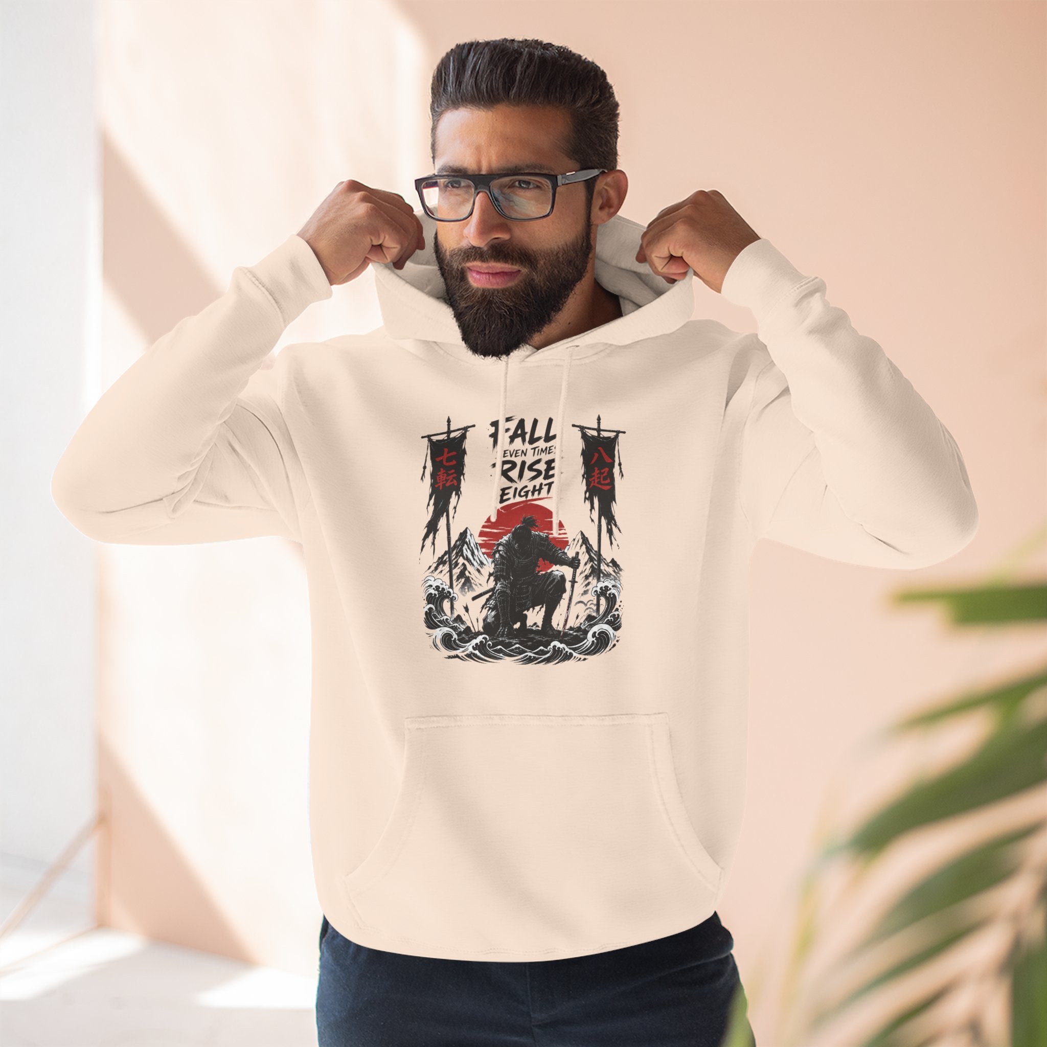 Samurai Sunset Hoodie — "Fall Rise Fight" Graphic Fleece Hoodie